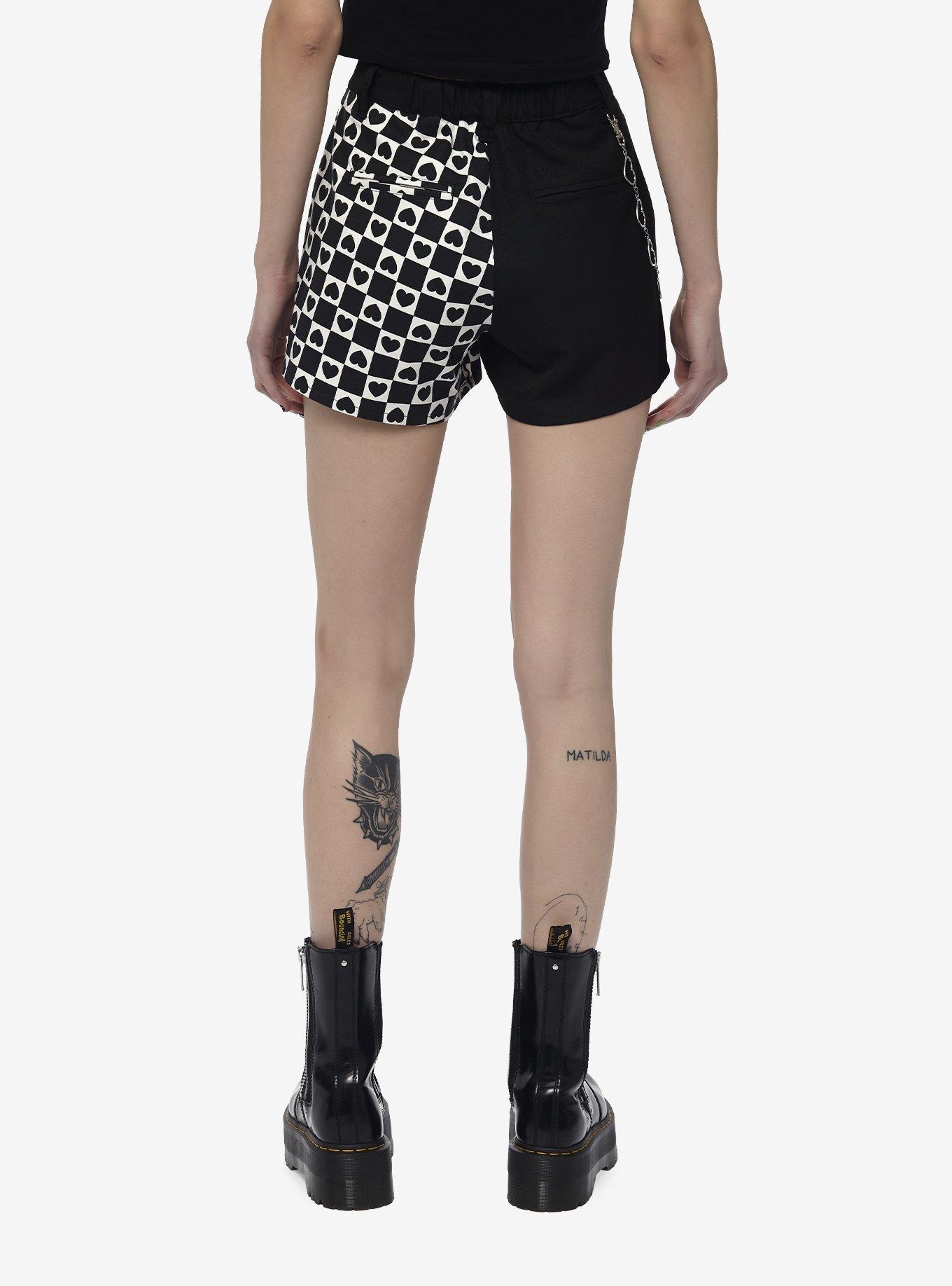 Black & White Checkered Split Chain Shorts, BLACK  WHITE, alternate