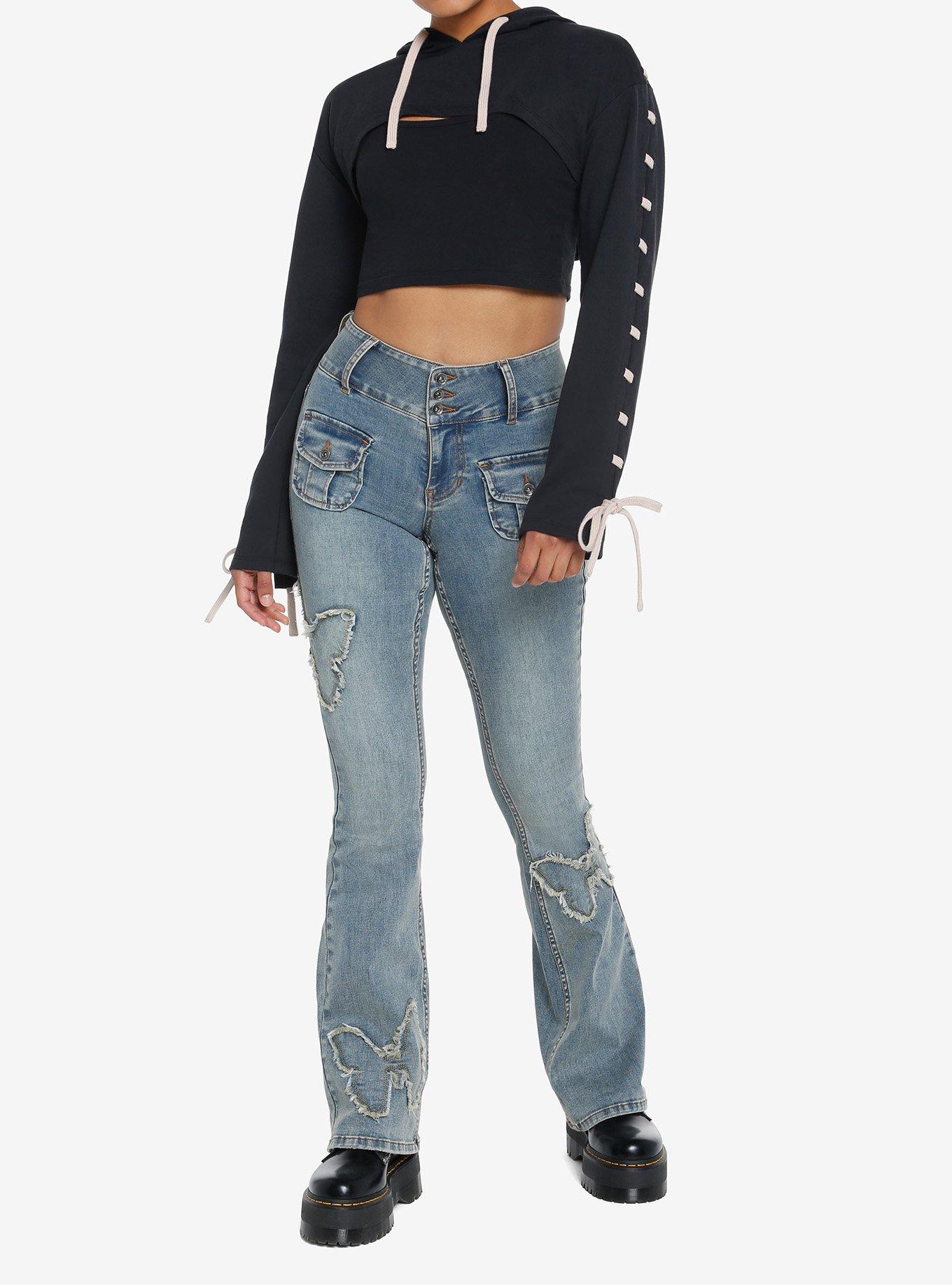 Social Collision Black & Cream Lace-Up Crop Hoodie, BLACK, alternate