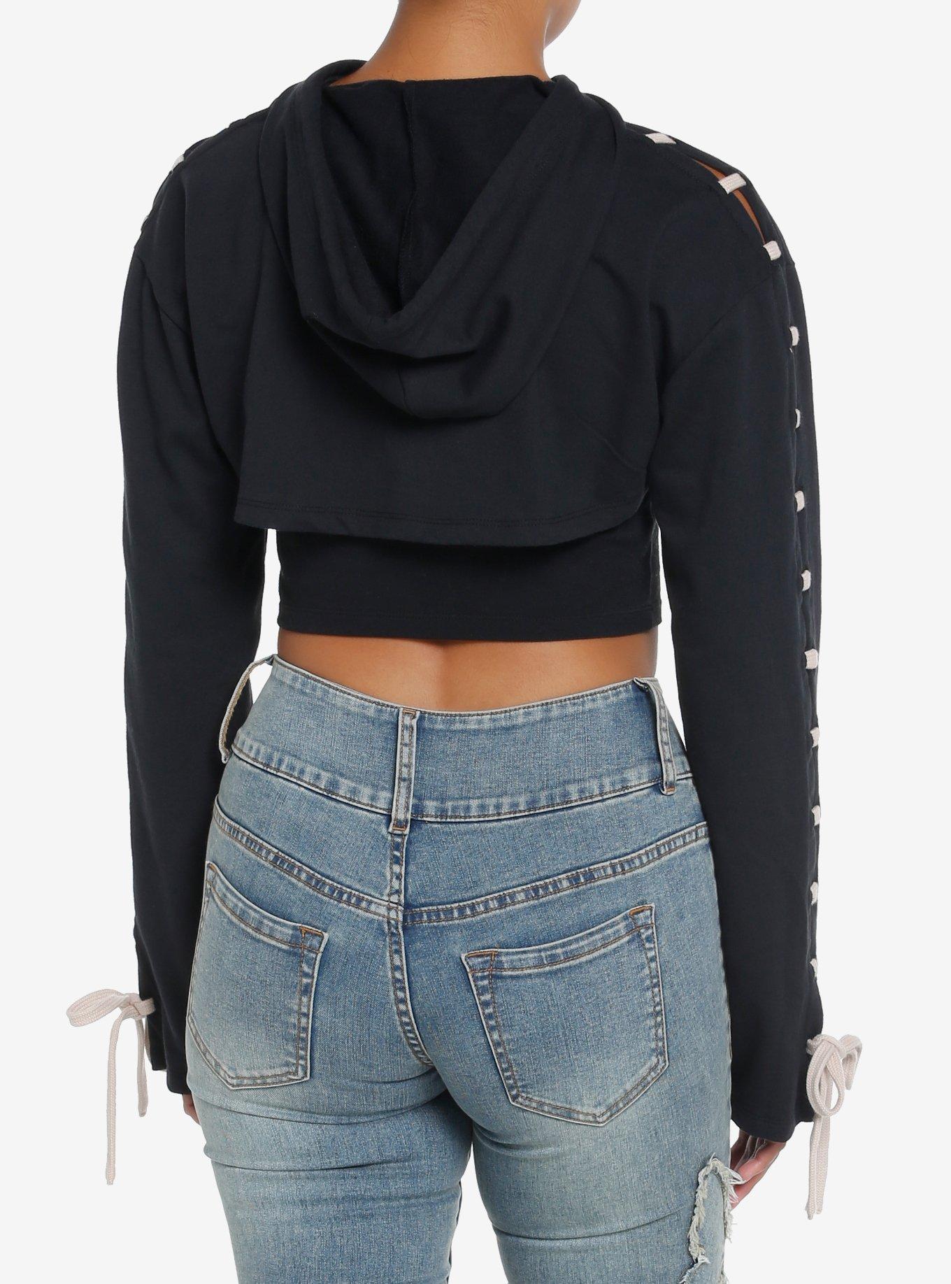 Social Collision Black & Cream Lace-Up Crop Hoodie, BLACK, alternate