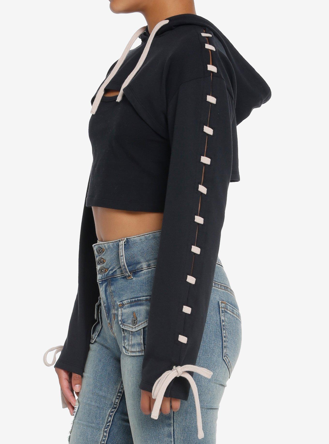 Social Collision Black & Cream Lace-Up Crop Hoodie, BLACK, alternate