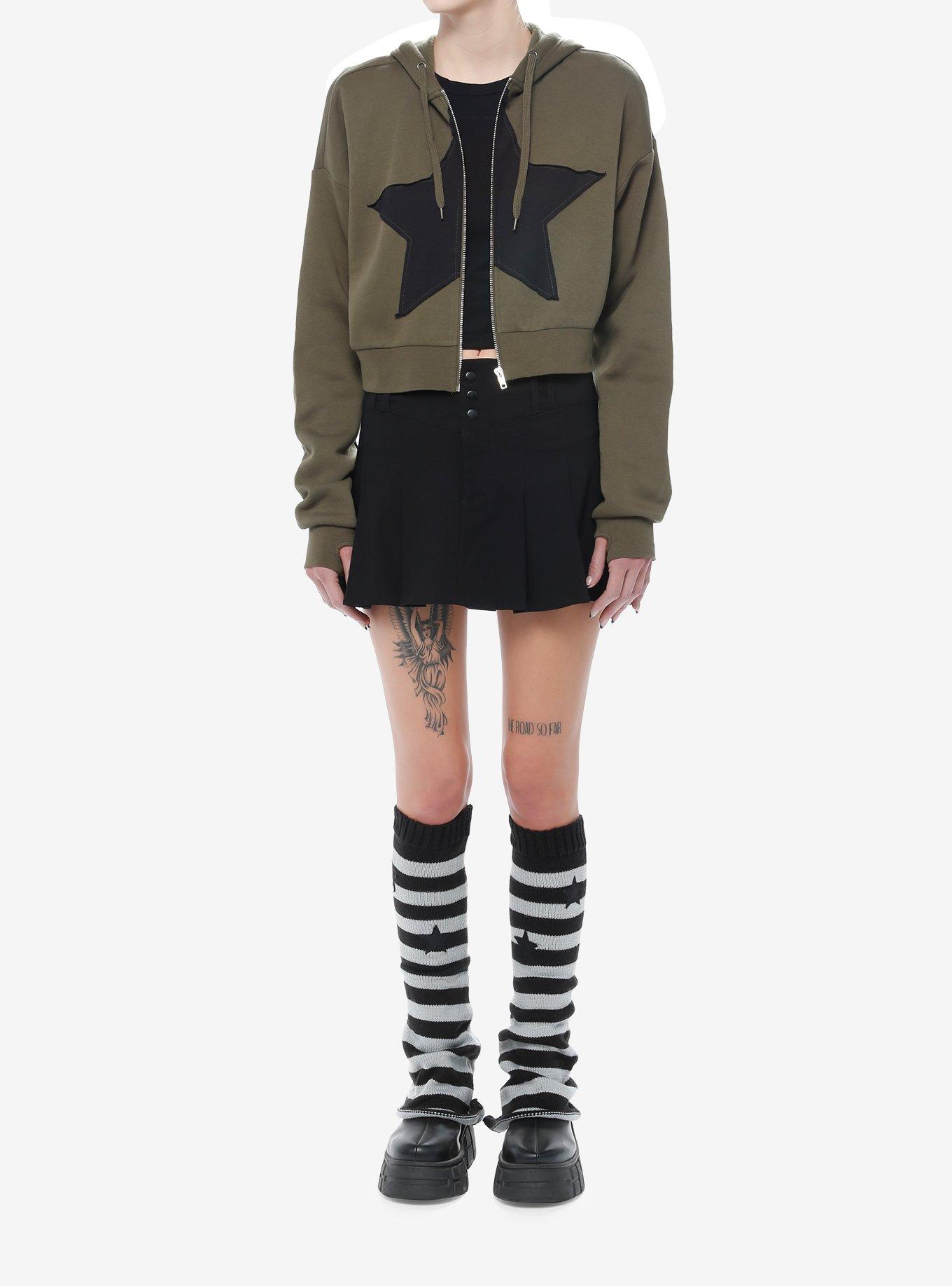 Social Collision Green Star Girls Crop Hoodie, FOREST GREEN, alternate