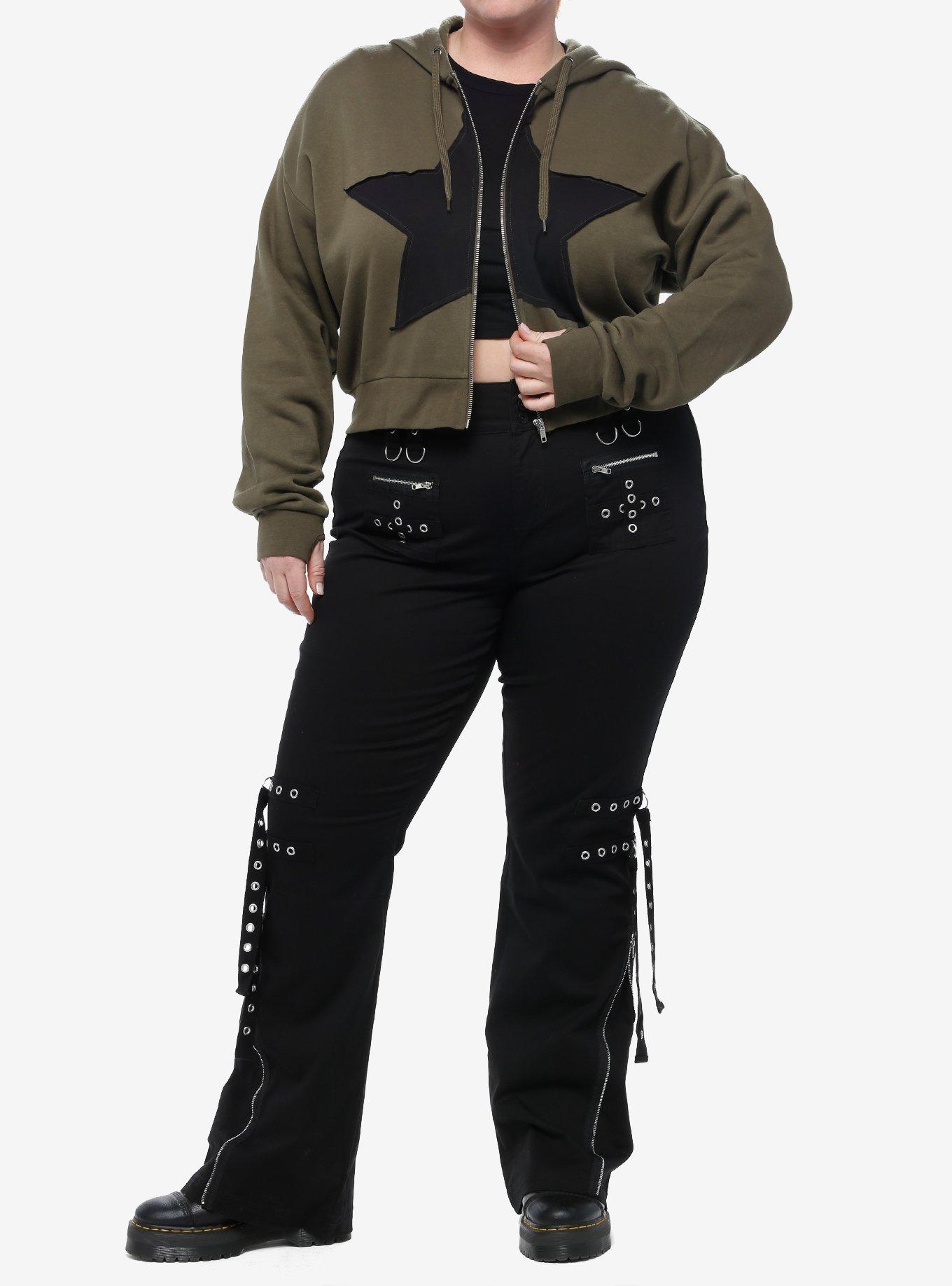 Social Collision Green Star Girls Crop Hoodie Plus Size, FOREST GREEN, alternate