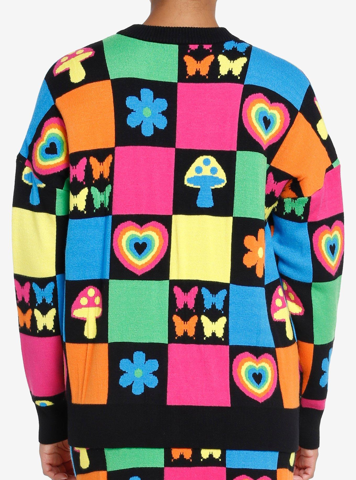 Social Collision Rainbow Retro Patchwork Knit Girls Cardigan, PATCHWORK, alternate