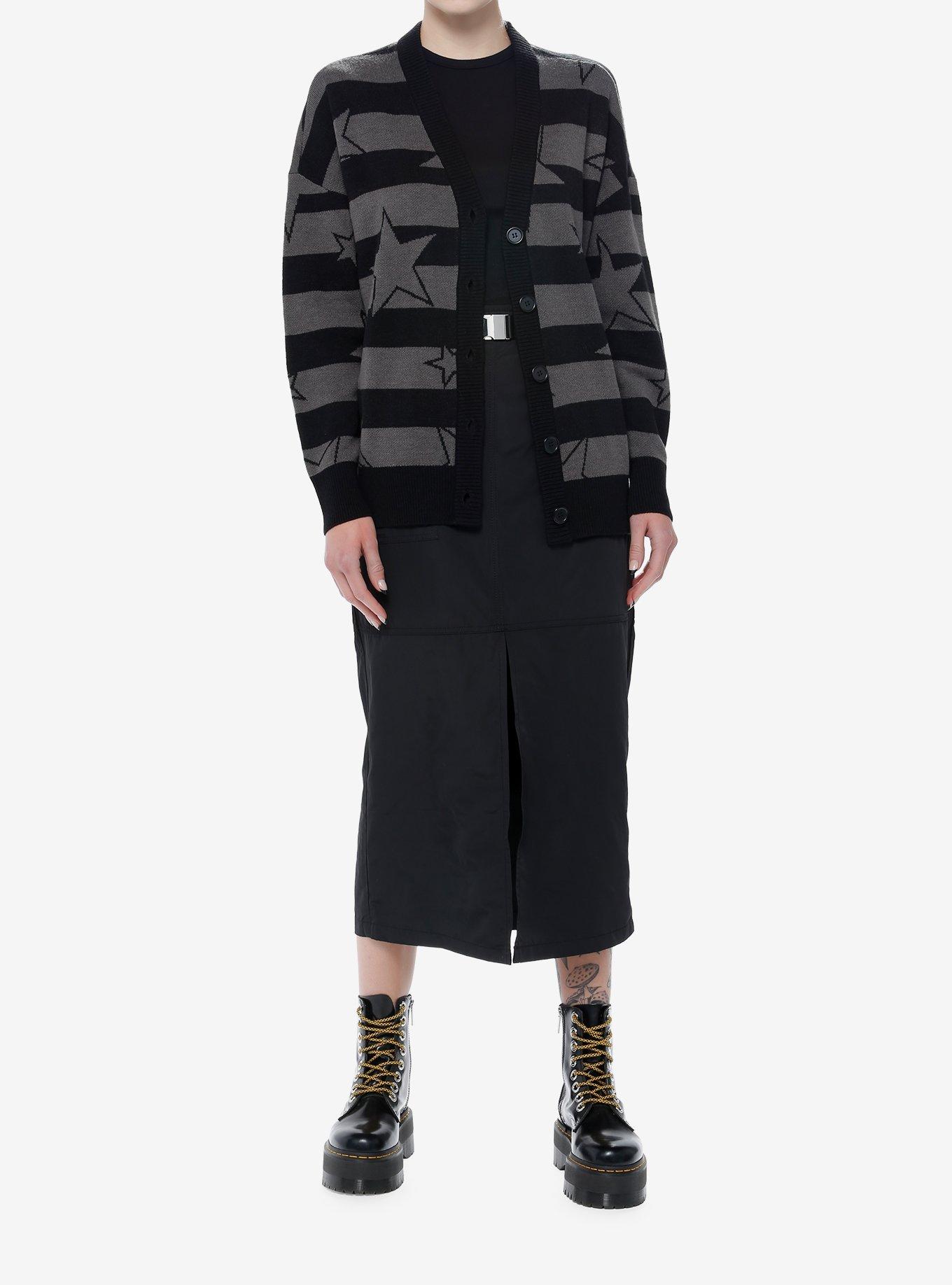 Social Collision Black & Grey Stripe Star Girls Cardigan, , hi-res