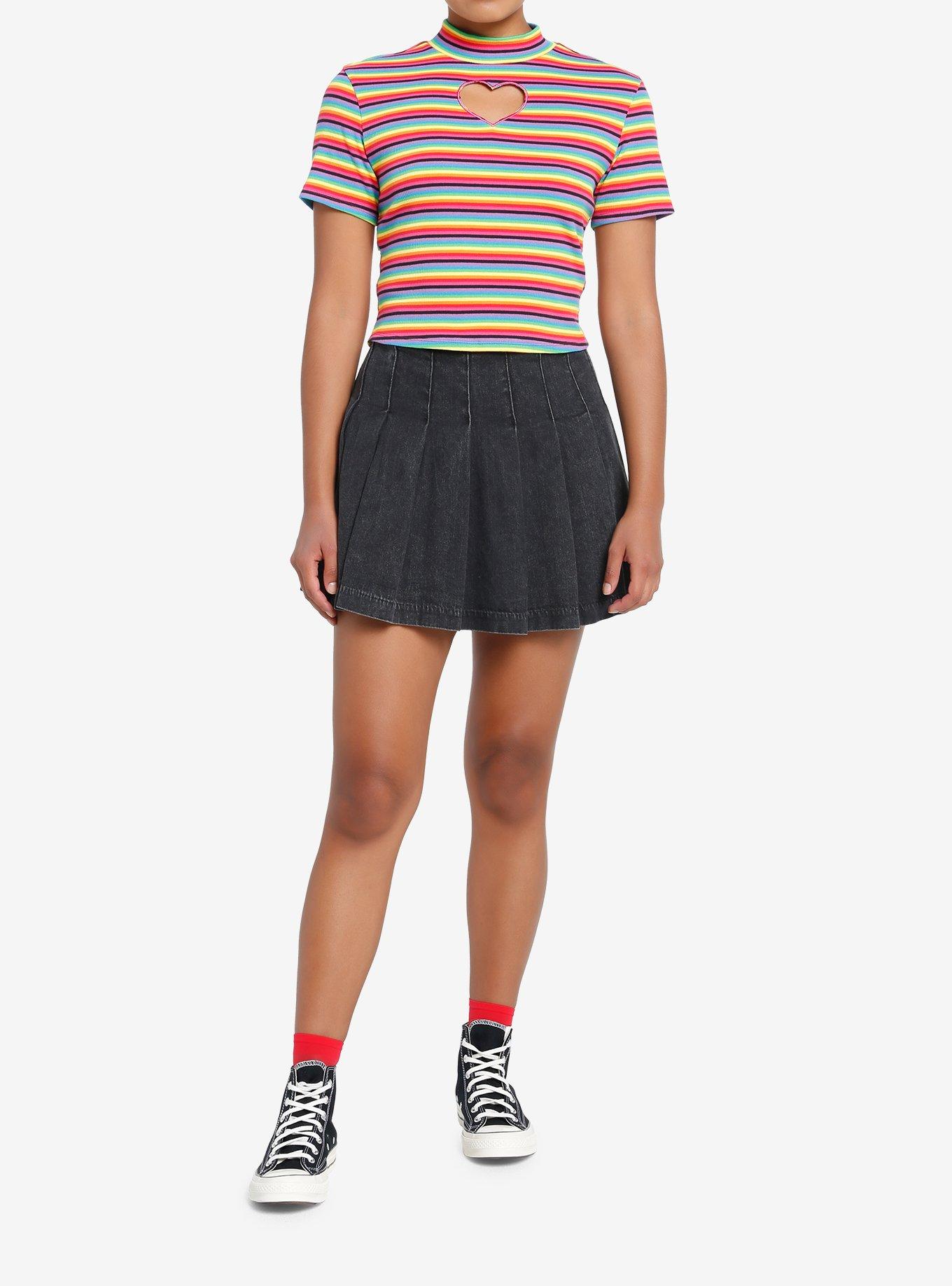Social Collision Rainbow Stripe Heart Cutout Girls Mock Neck Top, STRIPES-RAINBOW, alternate