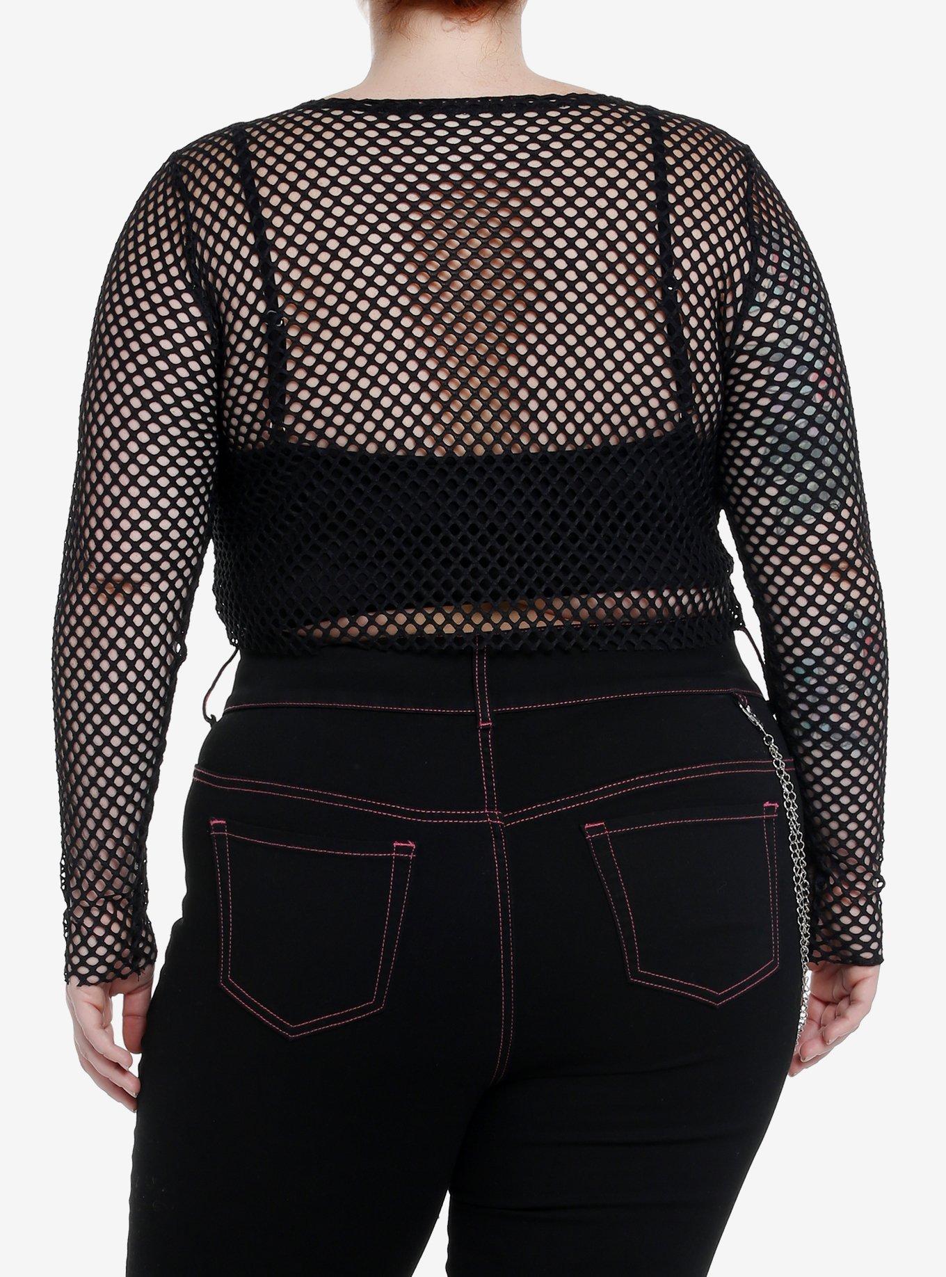 Social Collision Fishnet Girls Crop Long-Sleeve Top Plus Size, BLACK, alternate