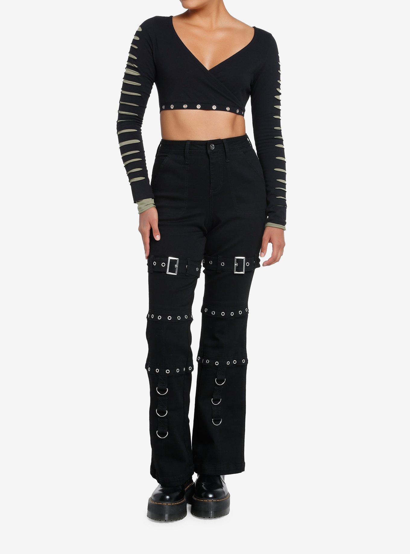 Social Collision Grommets Slashed Crop Girls Long-Sleeve Top, BLACK, alternate