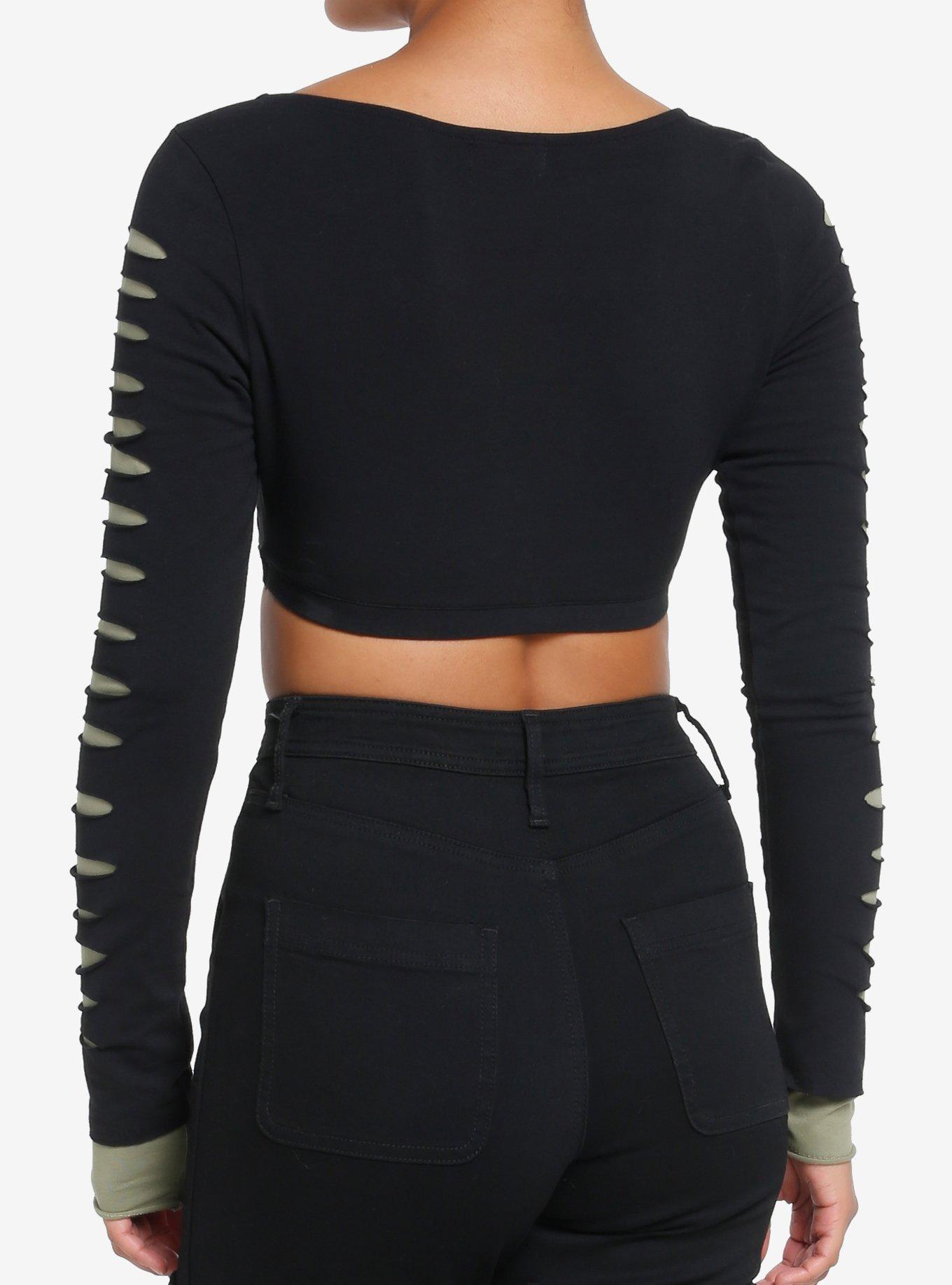 Social Collision Grommets Slashed Crop Girls Long-Sleeve Top, BLACK, alternate