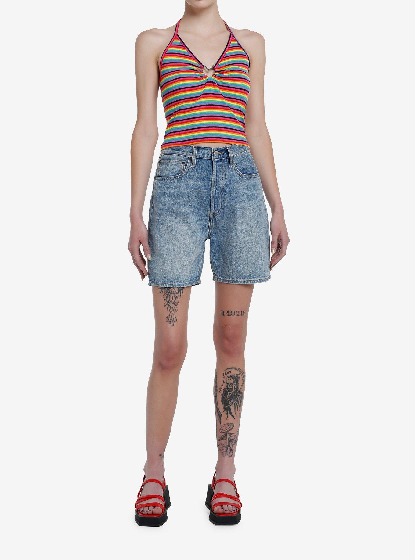Social Collision Rainbow Heart Hardware Girls Halter Top, STRIPES-RAINBOW, alternate