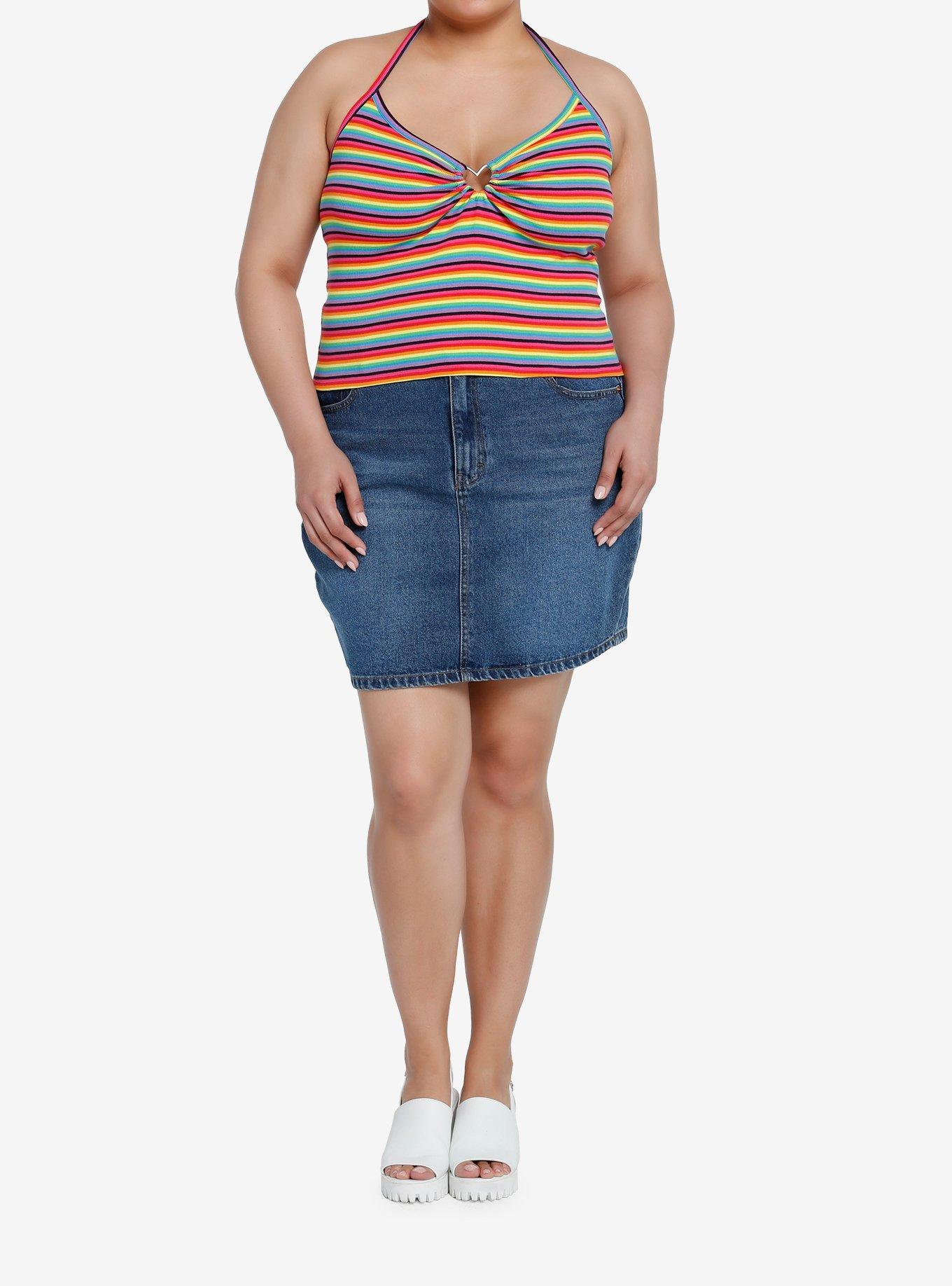 Social Collision Rainbow Heart Hardware Girls Halter Top Plus Size, STRIPES-RAINBOW, alternate