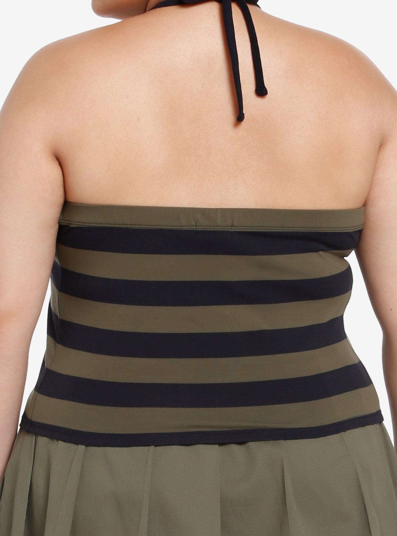 Social Collision Green & Black Stripe Star Girls Halter Tank Top Plus Size, STRIPES, alternate