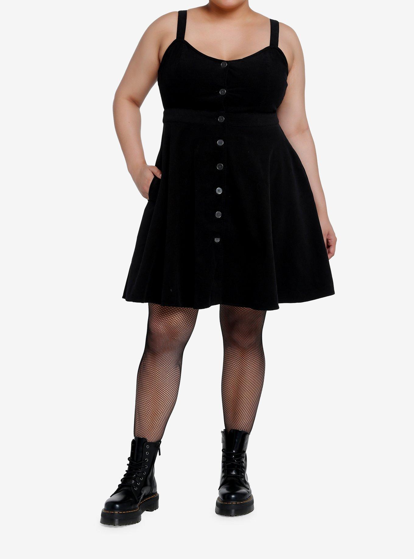 Social Collision Black Corduroy Button Front Sweetheart Dress Plus Size, BLACK, alternate