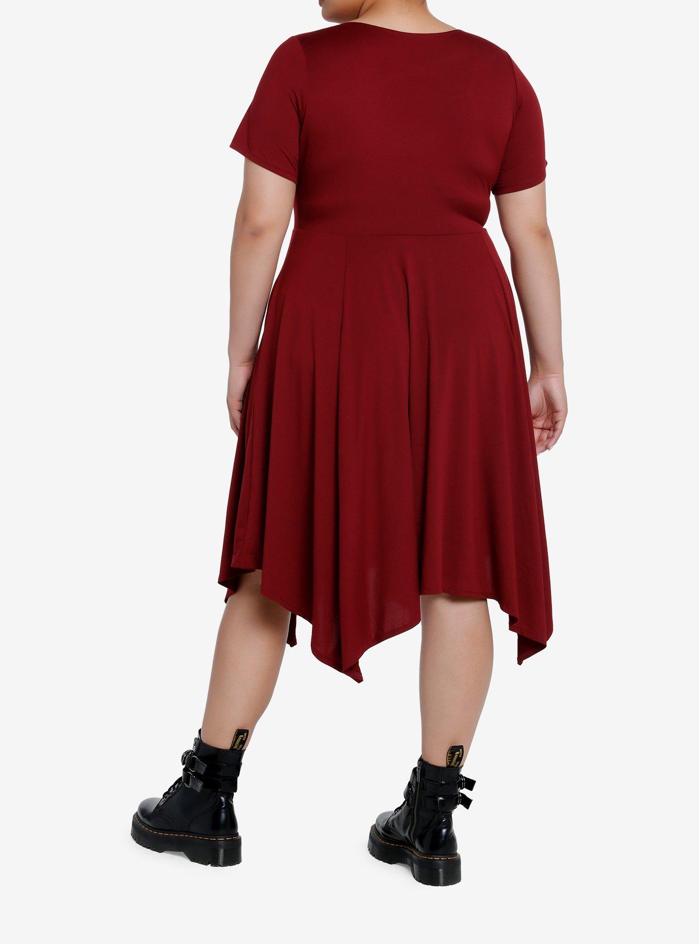 Cosmic Aura Burgundy Strappy Hanky Hem Dress Plus Size, BURGUNDY, alternate