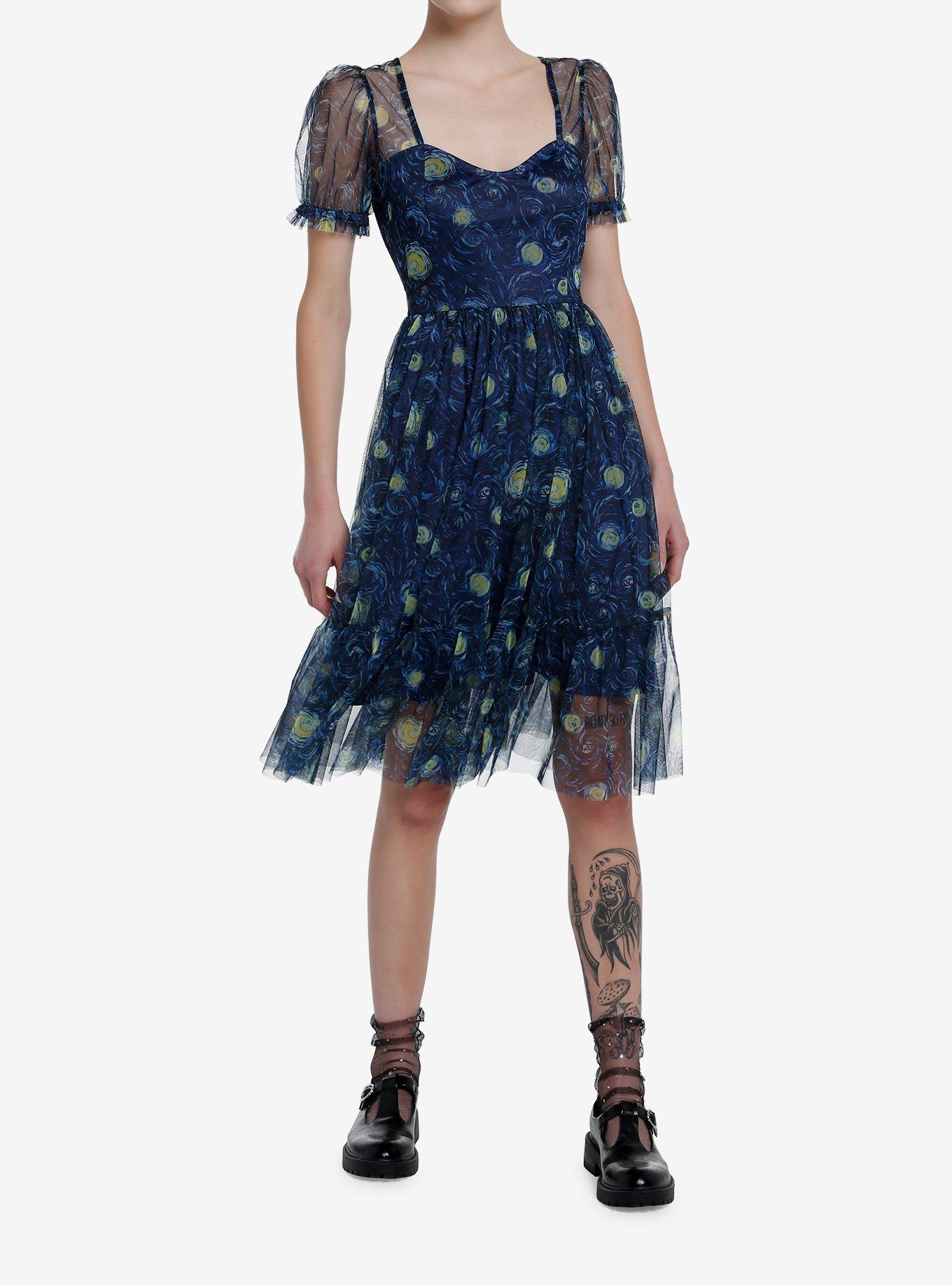 Thorn & Fable Starry Night Mesh Puff Sleeve Dress