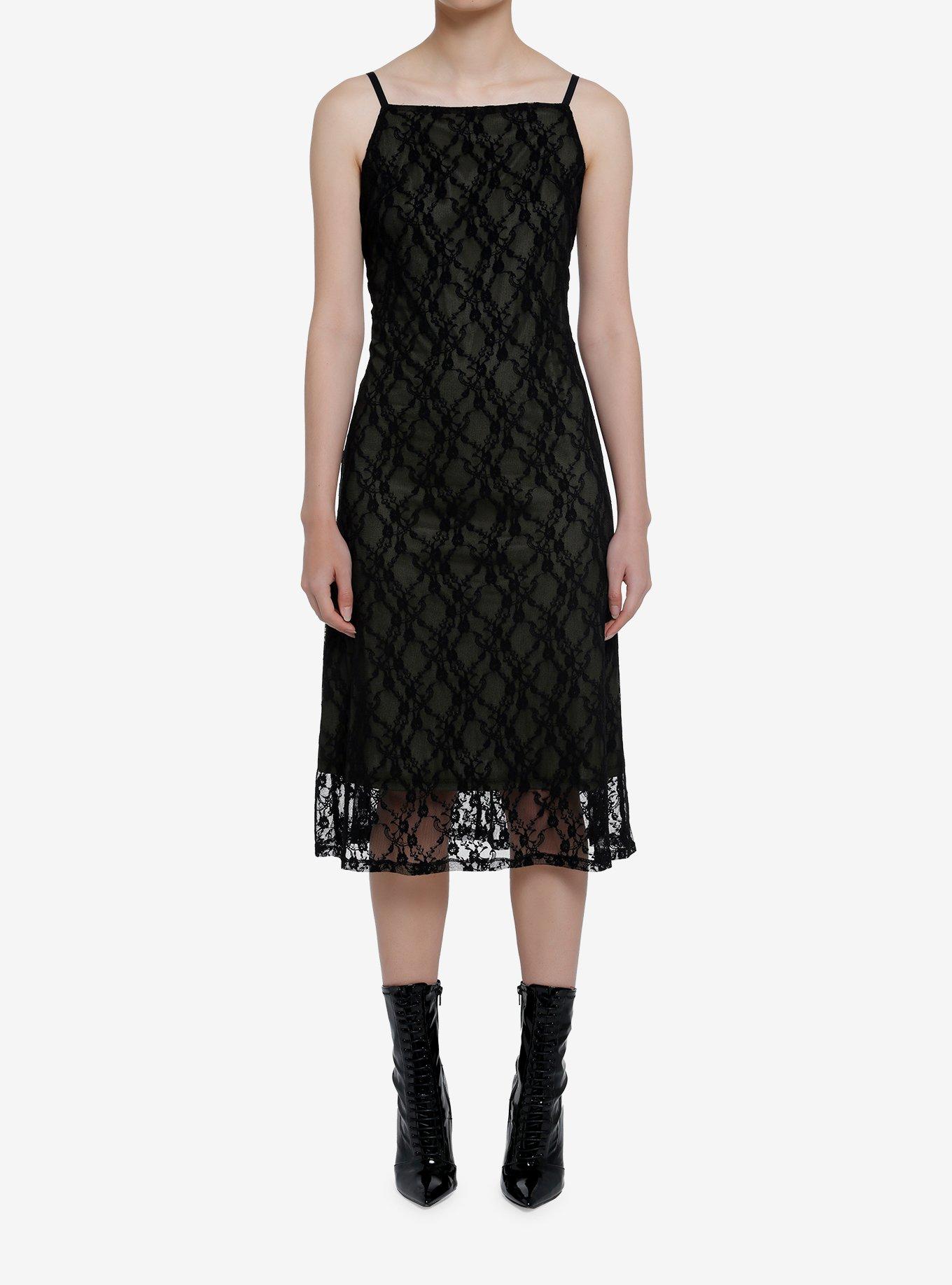 Thorn & Fable Black & Sage Lace Midi Slip Dress, BLACK, alternate