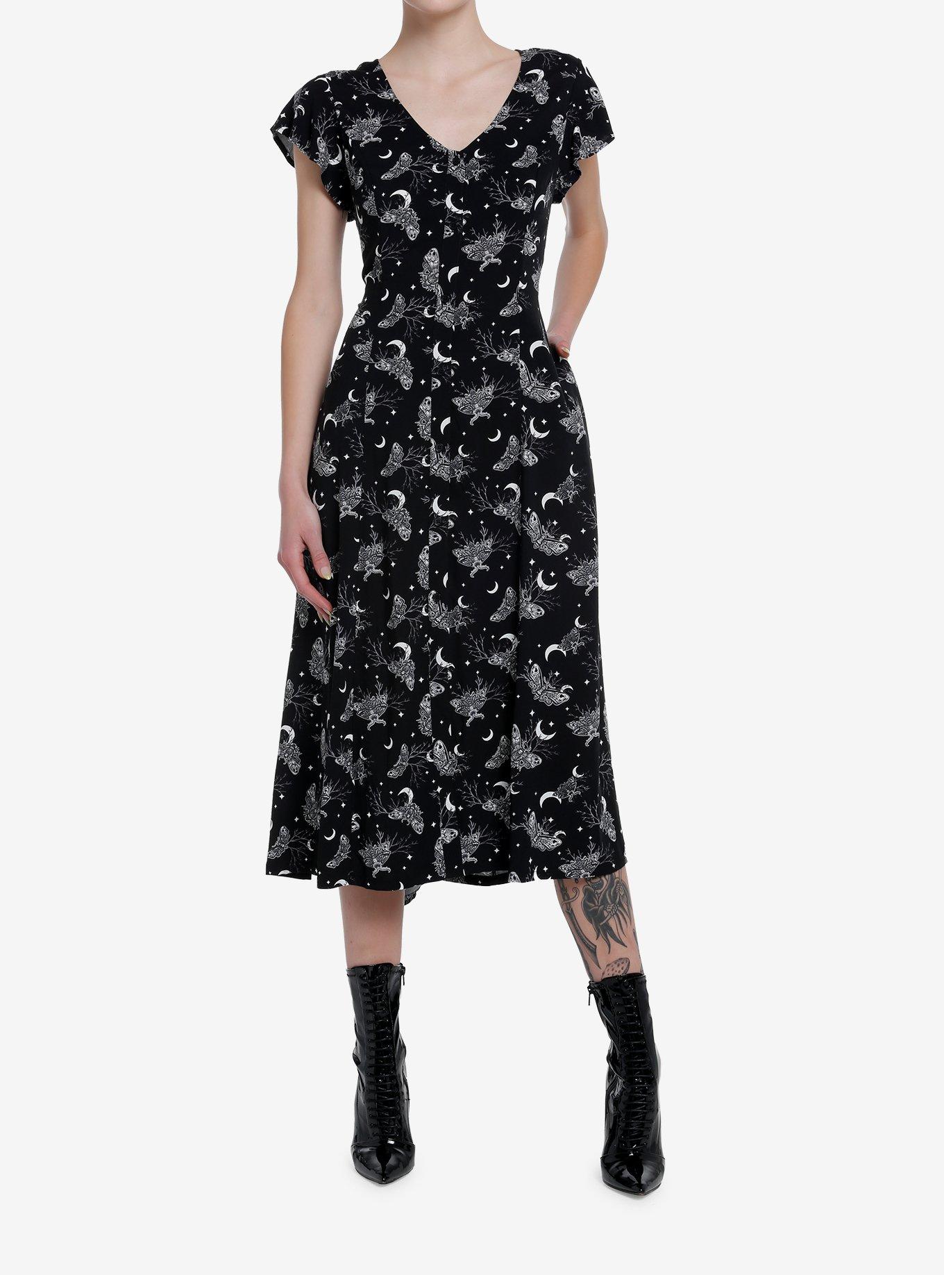 Cosmic Aura Witchy Moth Midi Dress, BLACK, alternate