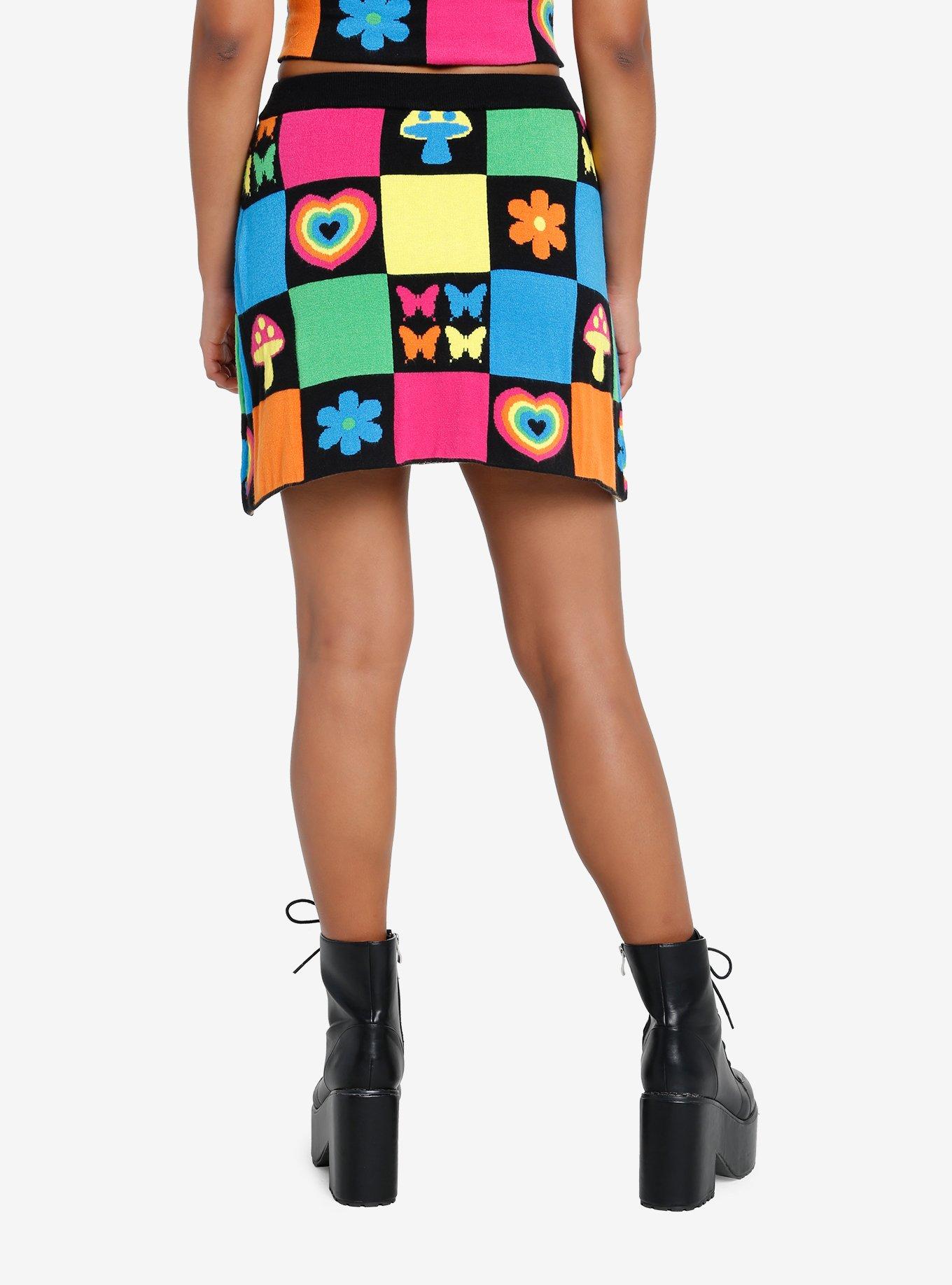 Social Collision Rainbow Retro Patchwork Knit Skirt, MULTI, alternate