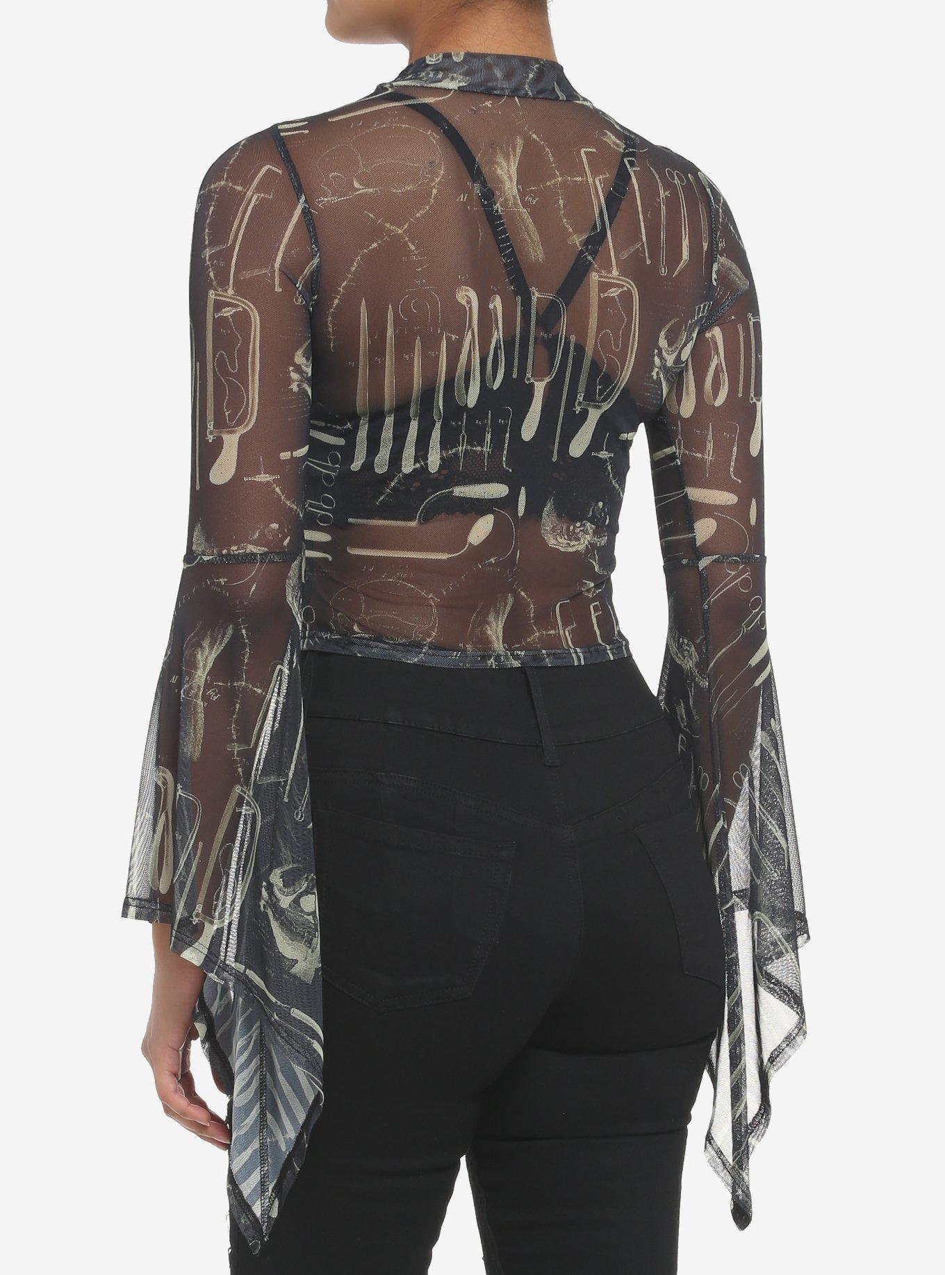 Surgery Tools Black Mesh Mock Neck Girls Top, BLACK, alternate