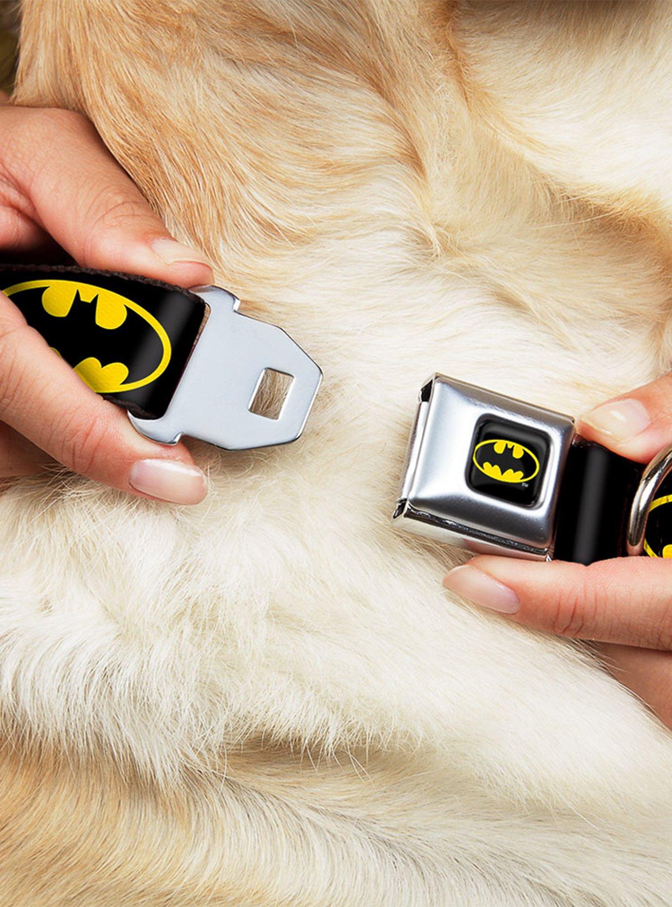 DC Comics Justice League Batman Shield Black Yellow Seatbelt Buckle Pet Collar, , hi-res