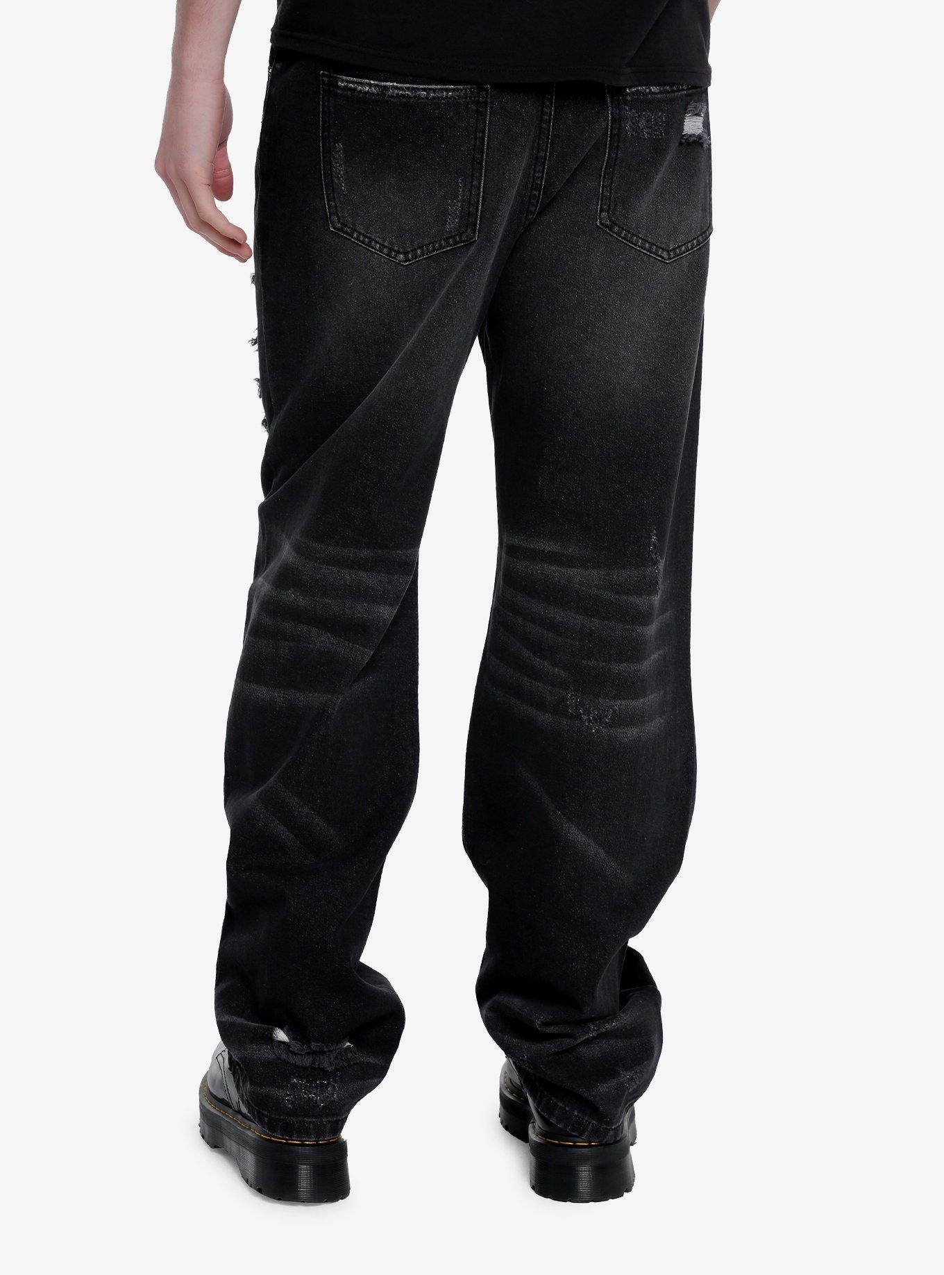 Black Ripped Straight Leg Denim Pants, BLACK, alternate