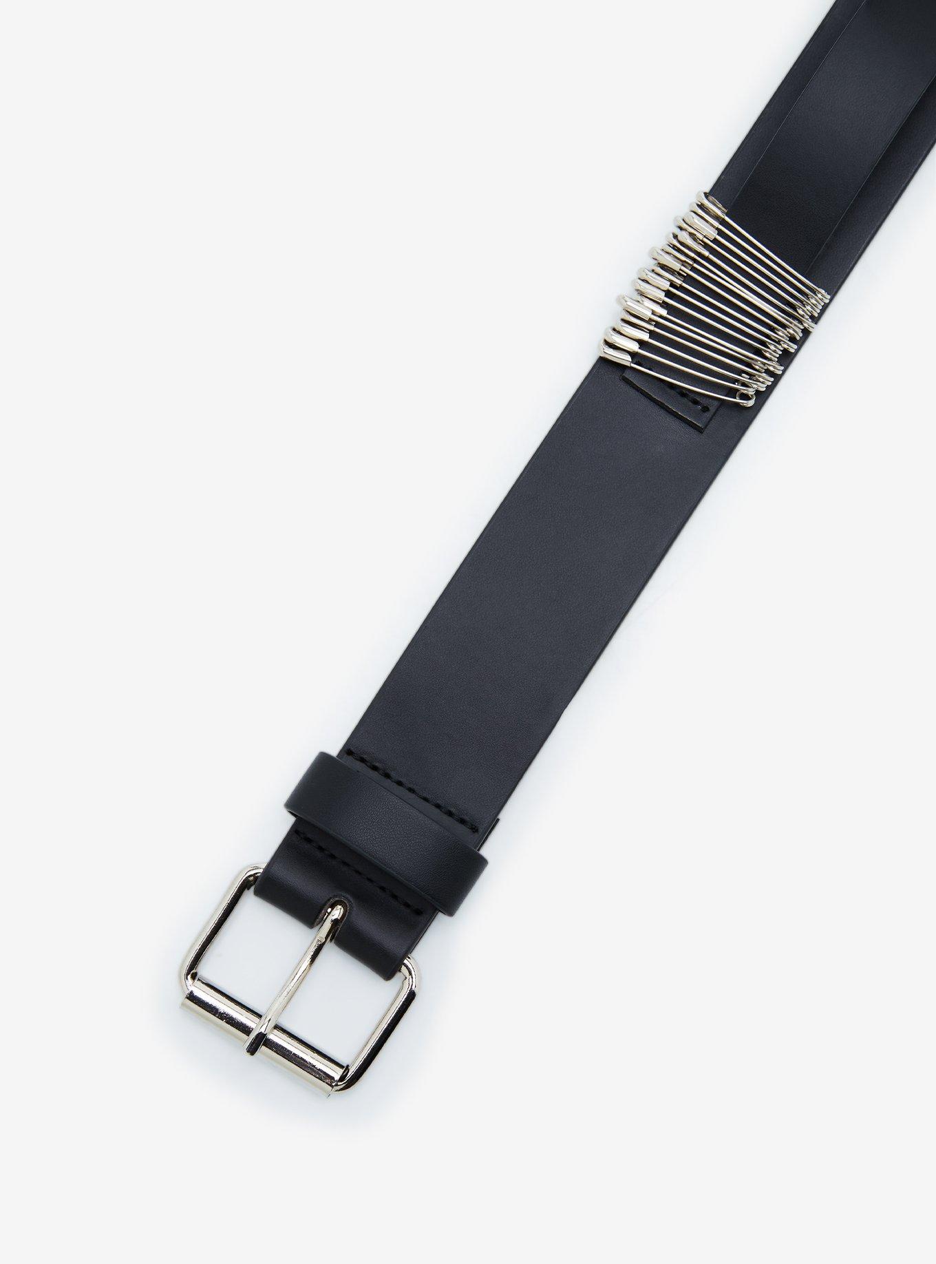 Black Safety Pin Belt, SILVER, alternate