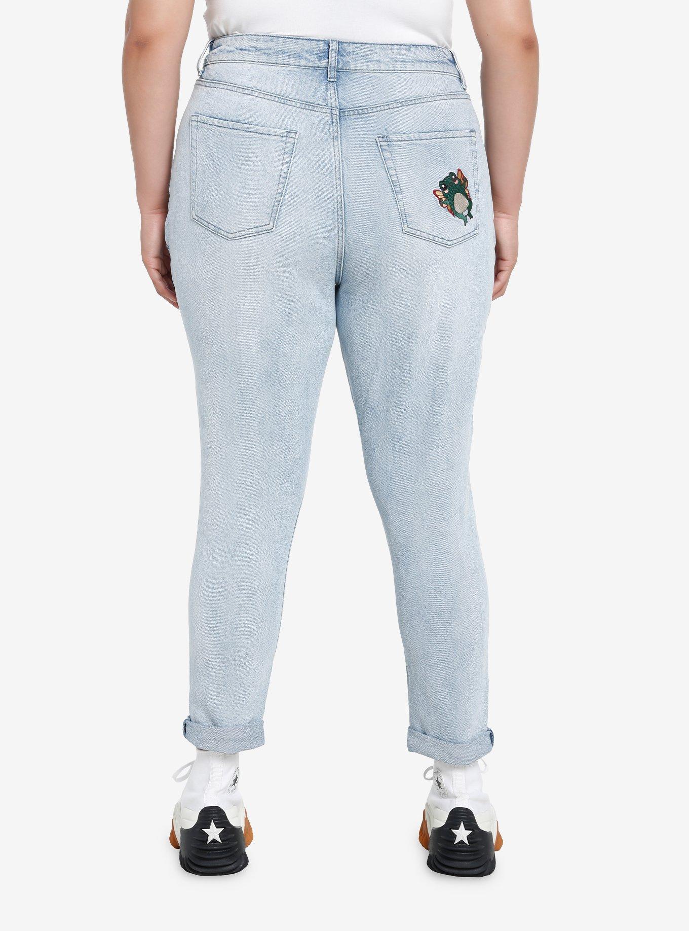 HT Denim Frogs & Mushrooms Embroidered Mom Jeans Plus Size