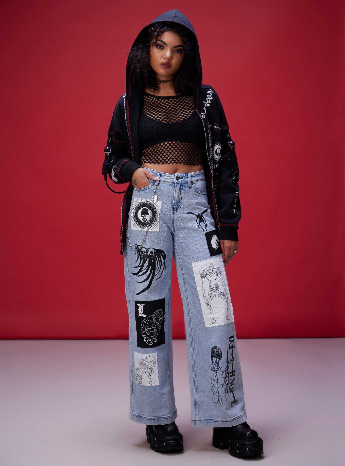 Death Note Patch Chain Wide Leg Jeans, , hi-res