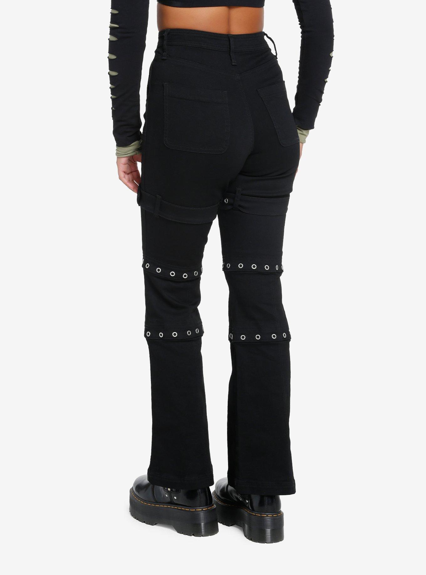 Black Buckle Grommet Low Rise Flare Pants, BLACK, alternate