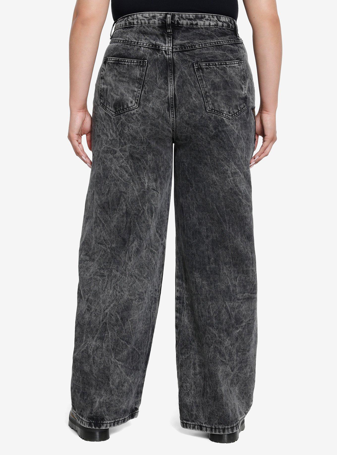 Black Star Grommet Wide Leg Denim Pants Plus Size, BLACK, alternate