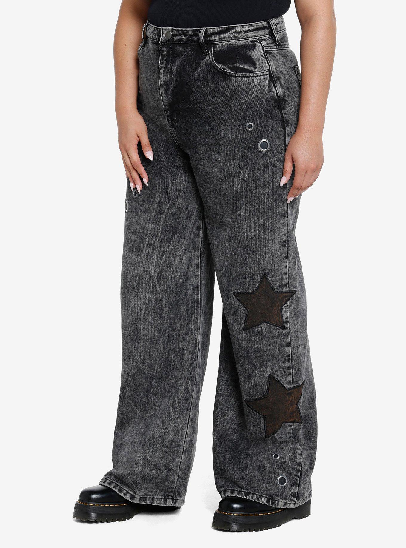 Black Star Grommet Wide Leg Denim Pants Plus Size, BLACK, alternate