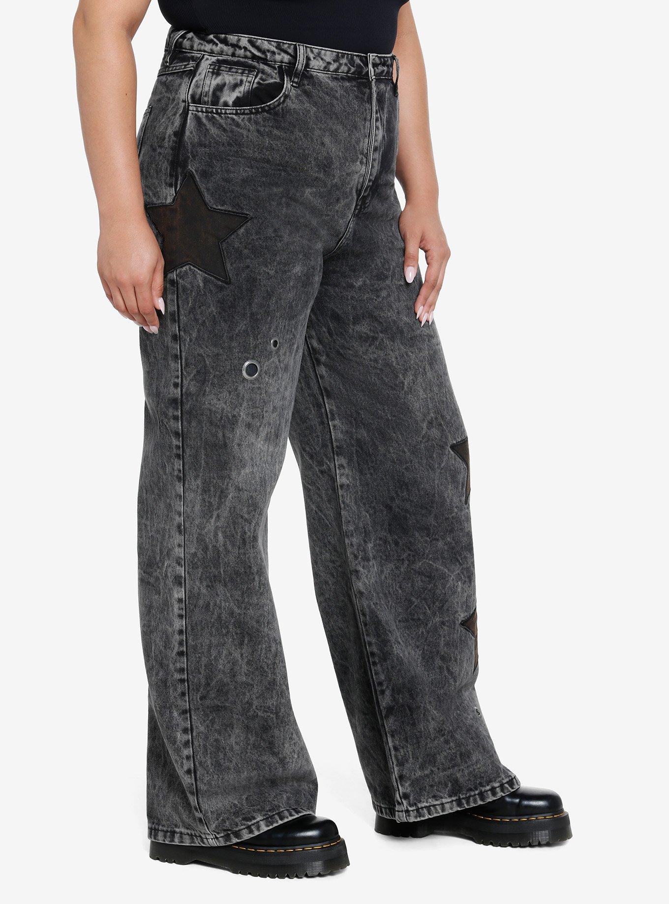 Black Star Grommet Wide Leg Denim Pants Plus Size, BLACK, alternate