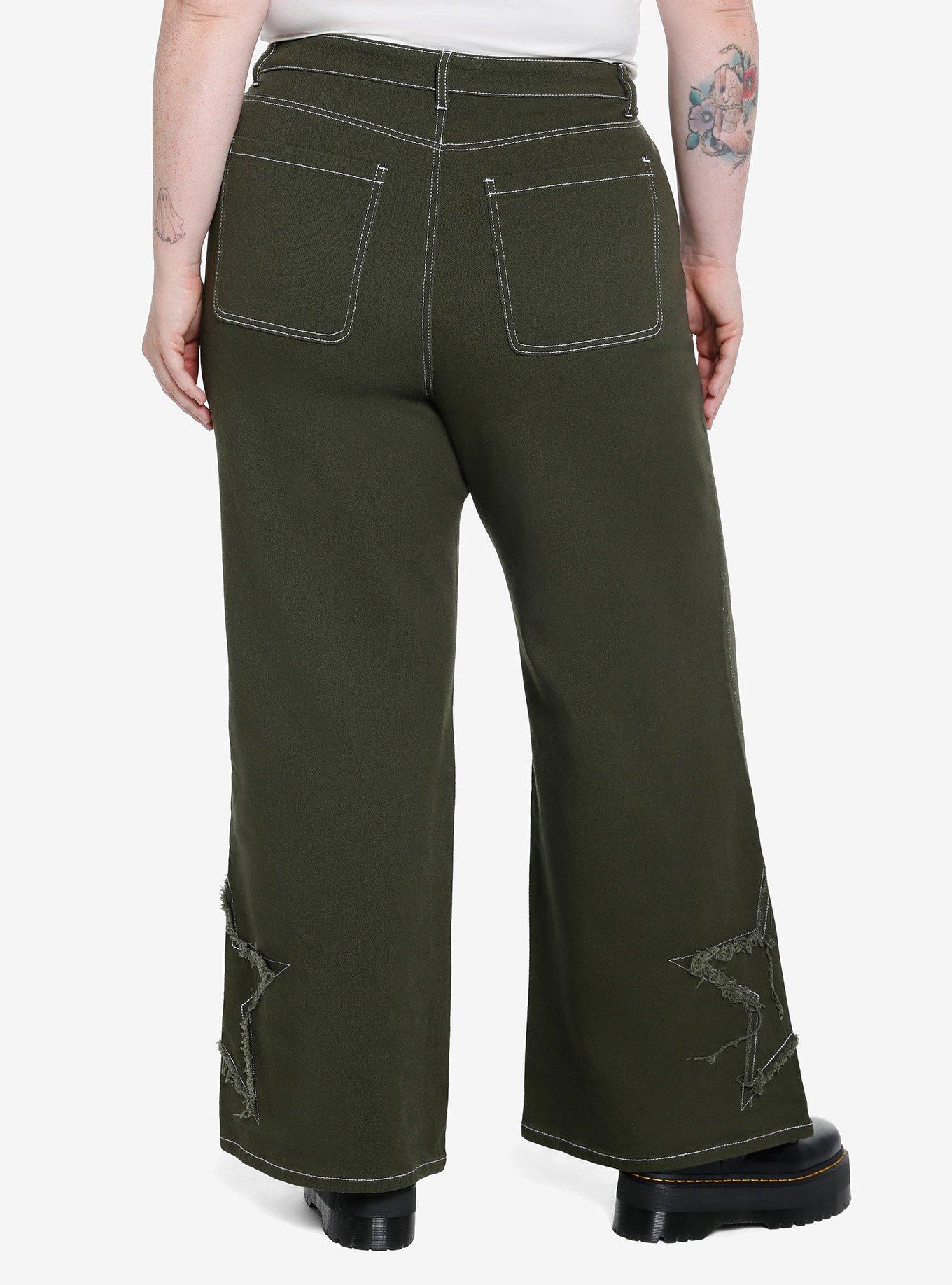 Green Star Patch Straight Leg Pants Plus Size, , hi-res