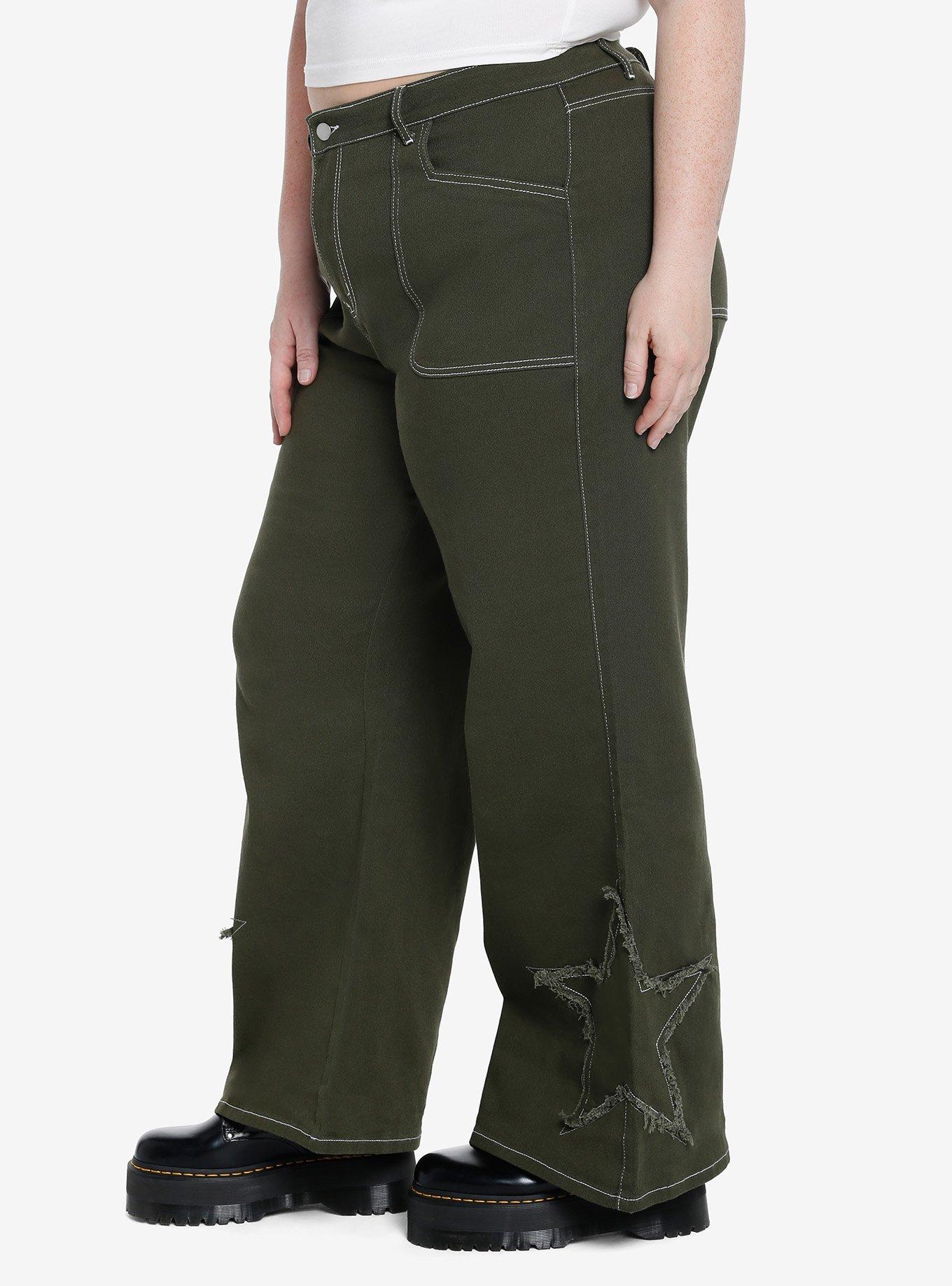 Green Star Patch Straight Leg Pants Plus Size, GREEN, alternate