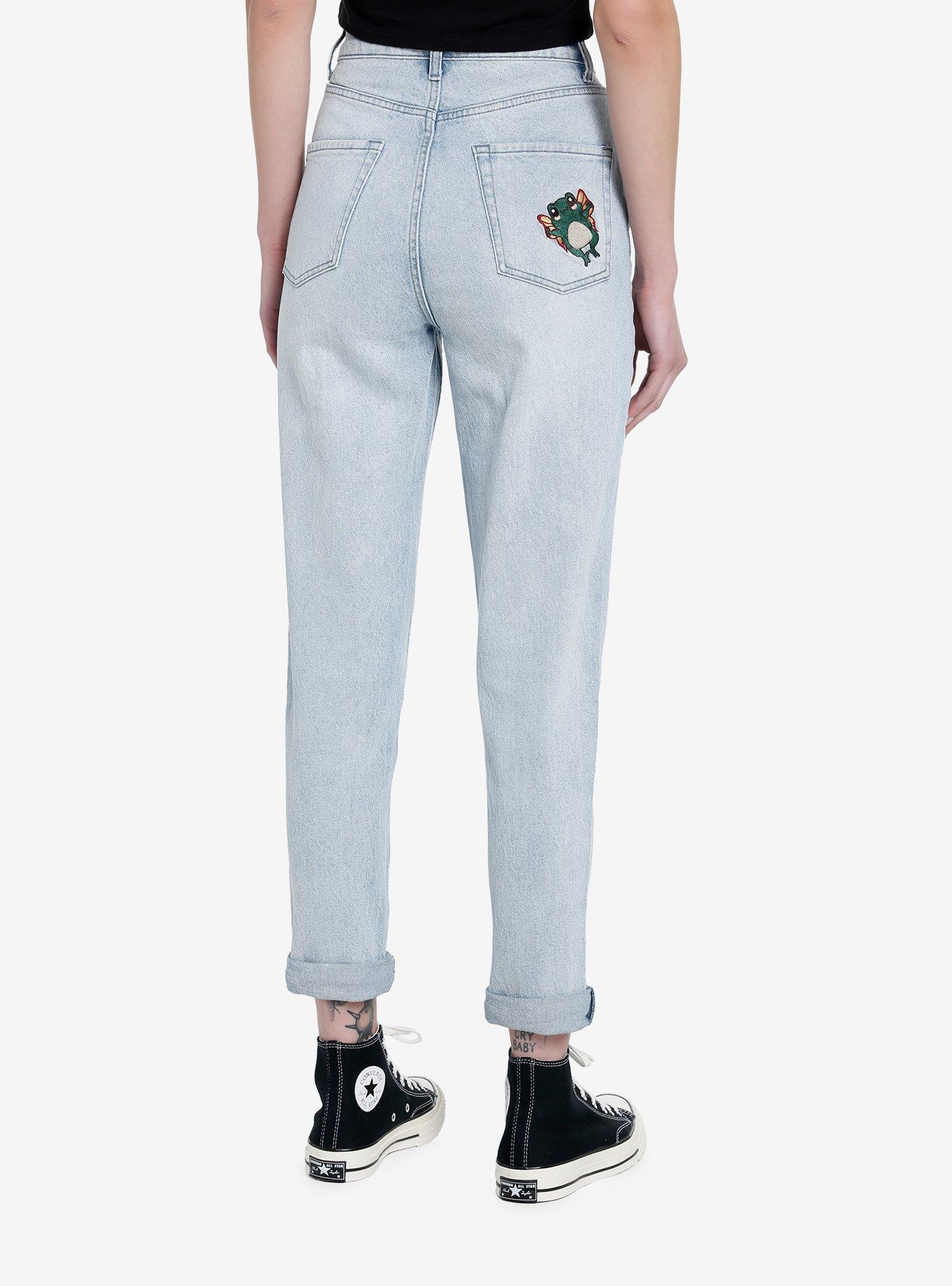 HT Denim Frogs & Mushrooms Embroidered Mom Jeans, INDIGO, alternate
