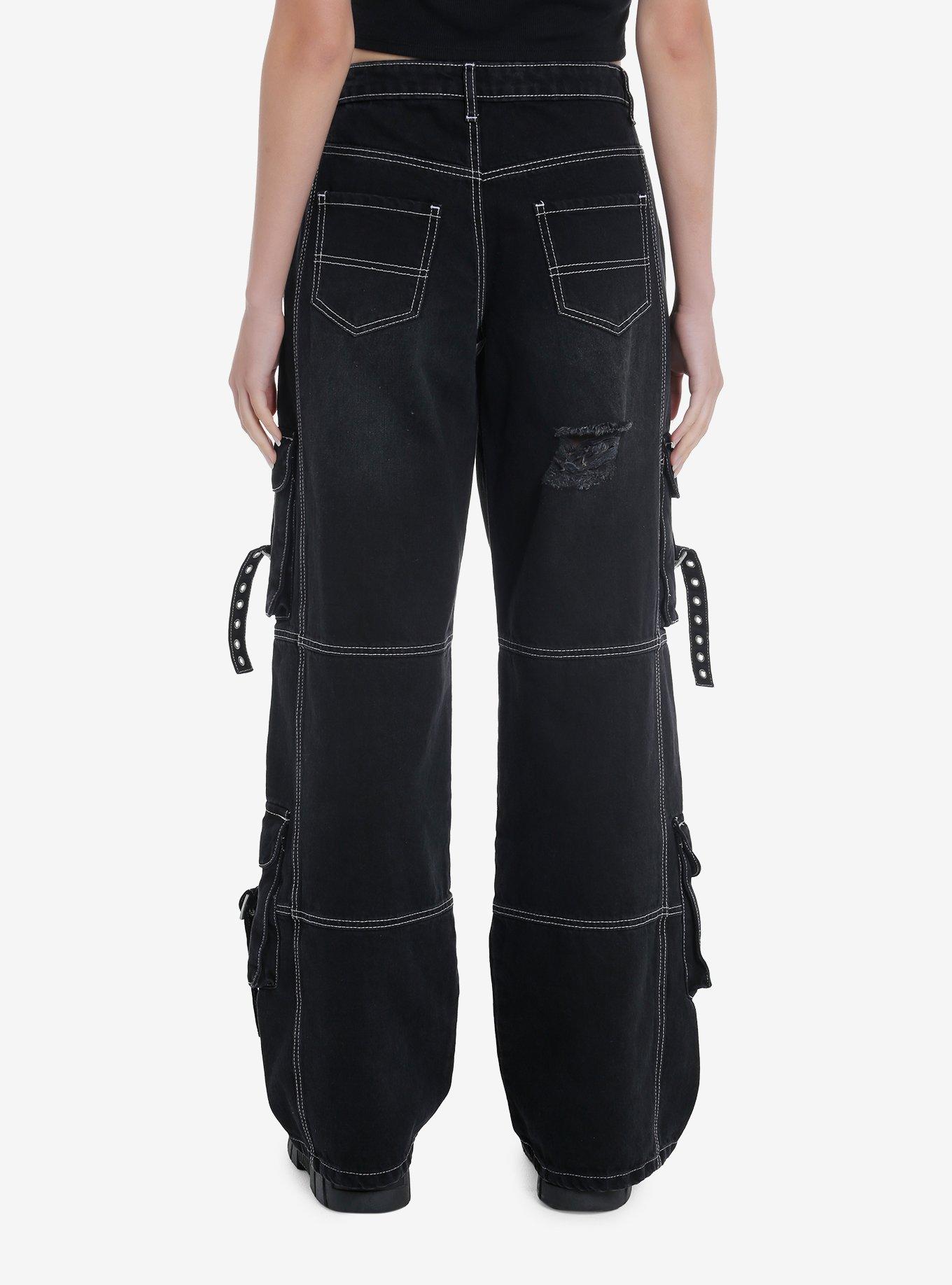 Black & White Contrast Stitch Destructed Carpenter Pants, BLACK, alternate