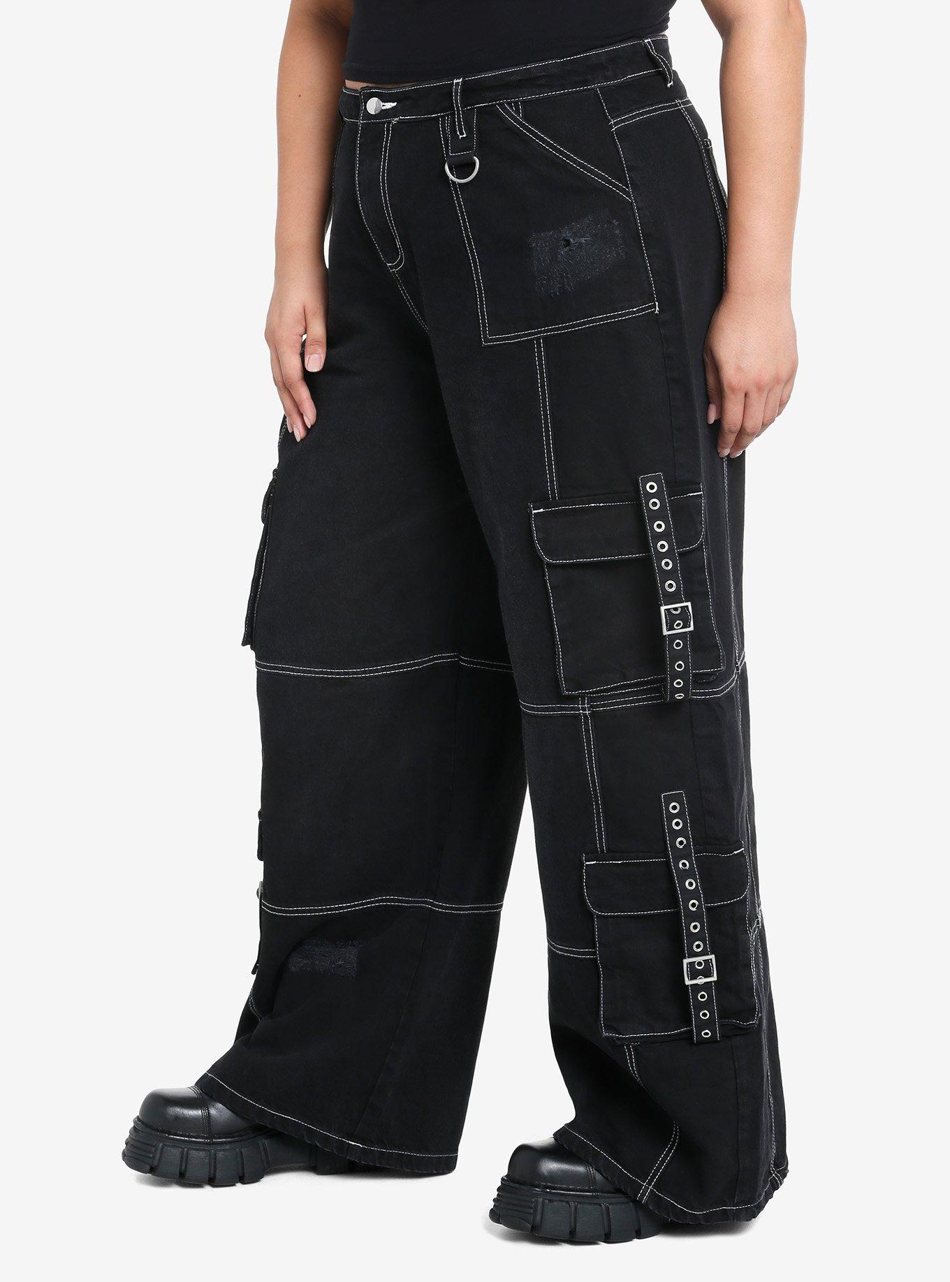 Black & White Contrast Stitch Destructed Carpenter Pants Plus Size, BLACK, alternate