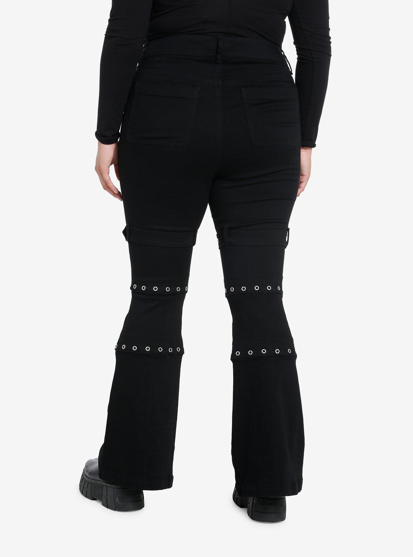 Black Buckle Grommet Low Rise Flare Pants Plus Size, BLACK, alternate