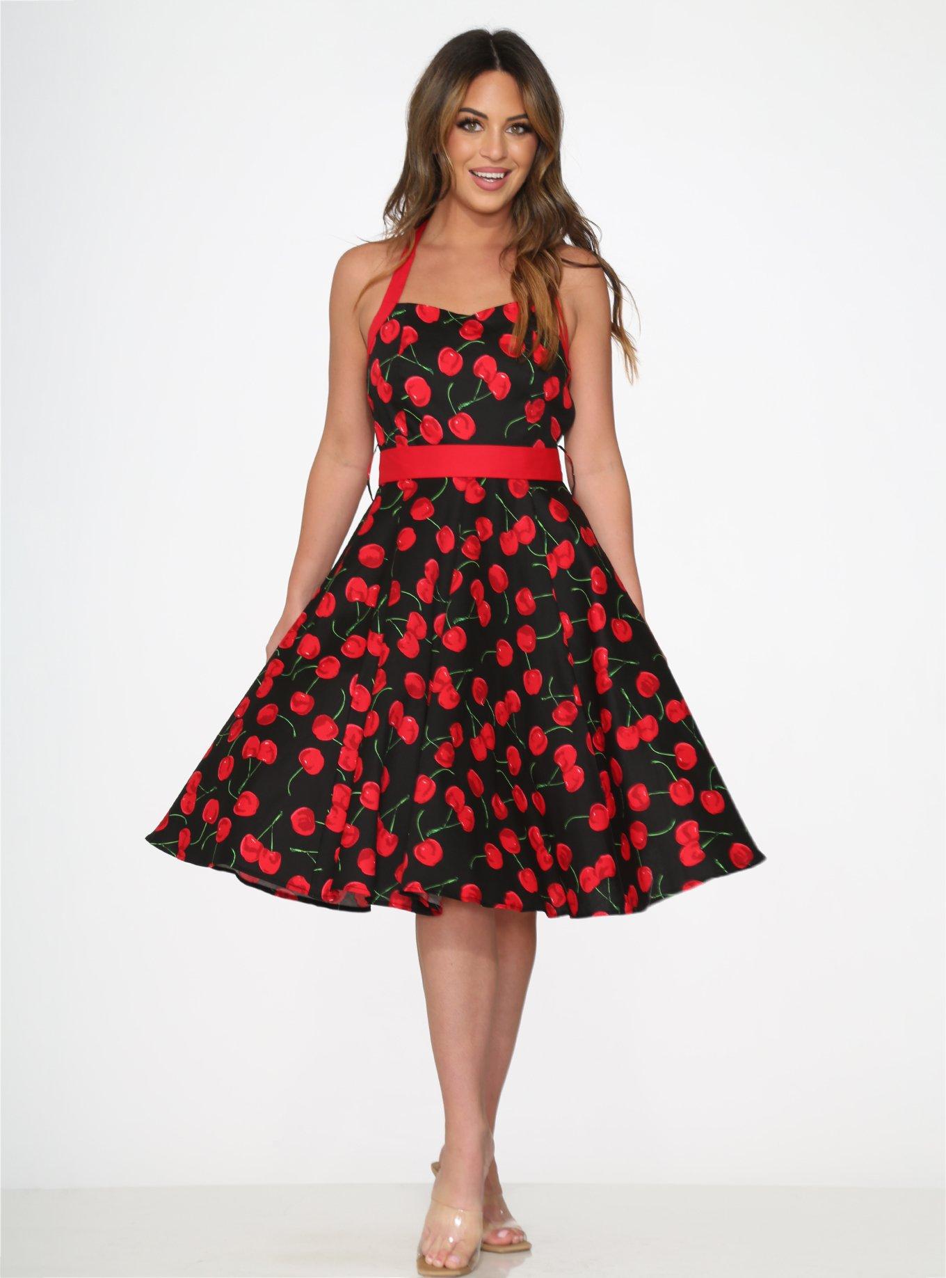 Black Red Cherry Halter Dress, BLACK, alternate