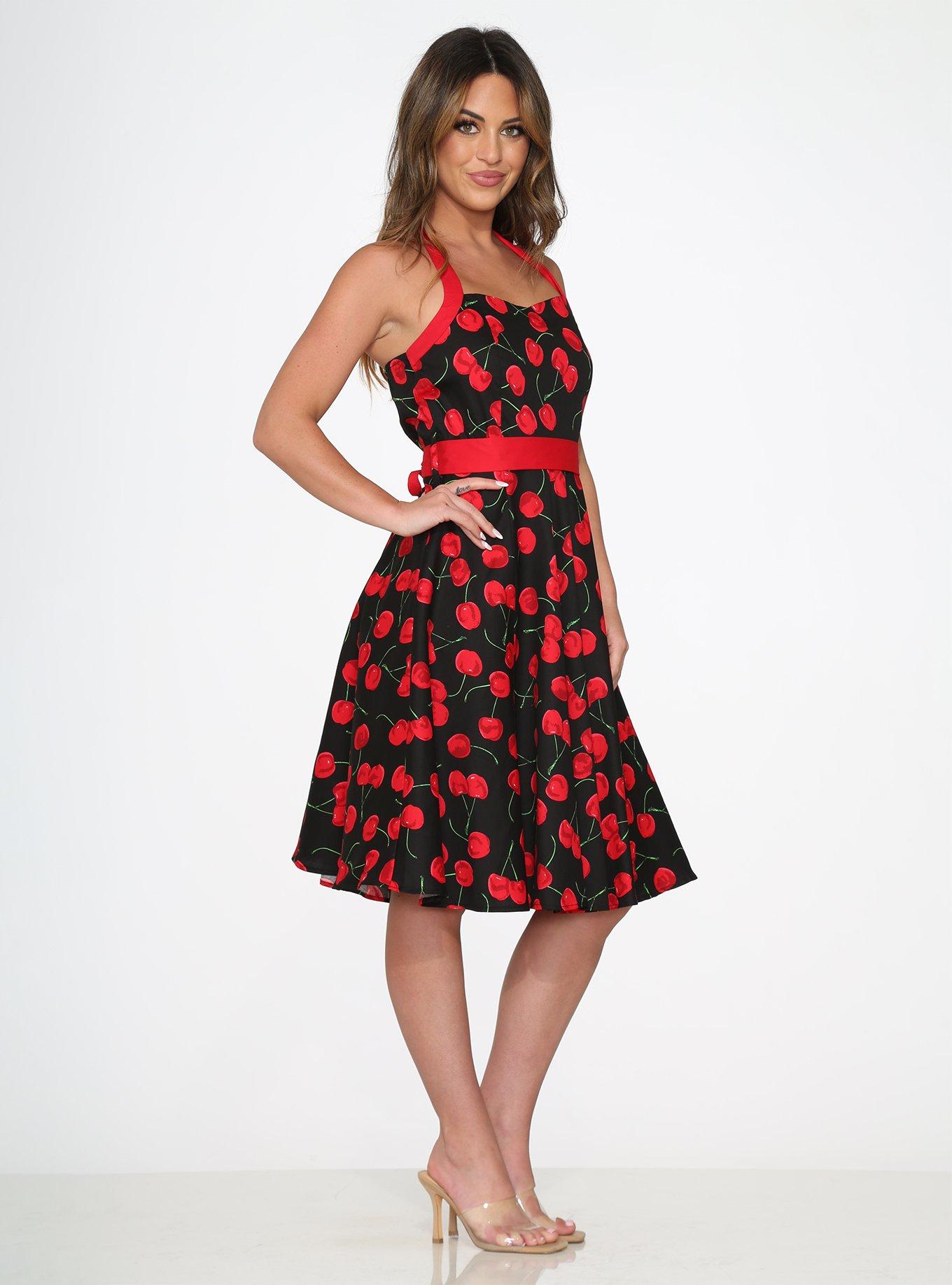 Black Red Cherry Halter Dress, BLACK, alternate