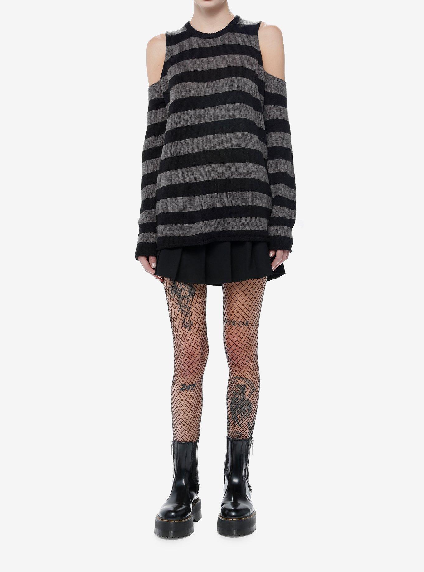 Social Collision Black & Grey Stripe Girls Cold Shoulder Sweater, STRIPES-GREY, alternate