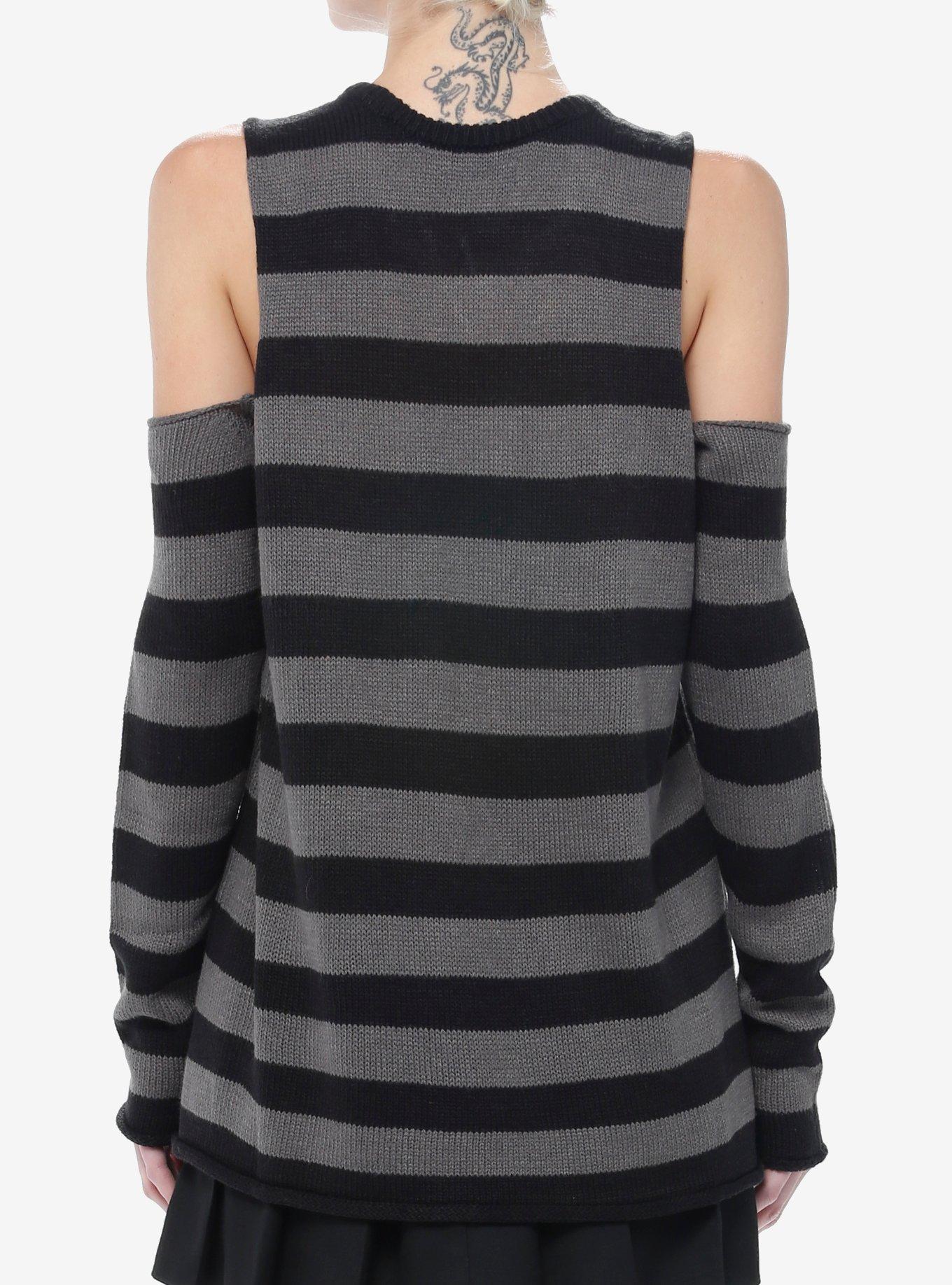 Social Collision Black & Grey Stripe Girls Cold Shoulder Sweater, STRIPES-GREY, alternate