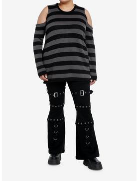 Social Collision Black & Grey Stripe Girls Cold Shoulder Sweater Plus Size, , hi-res