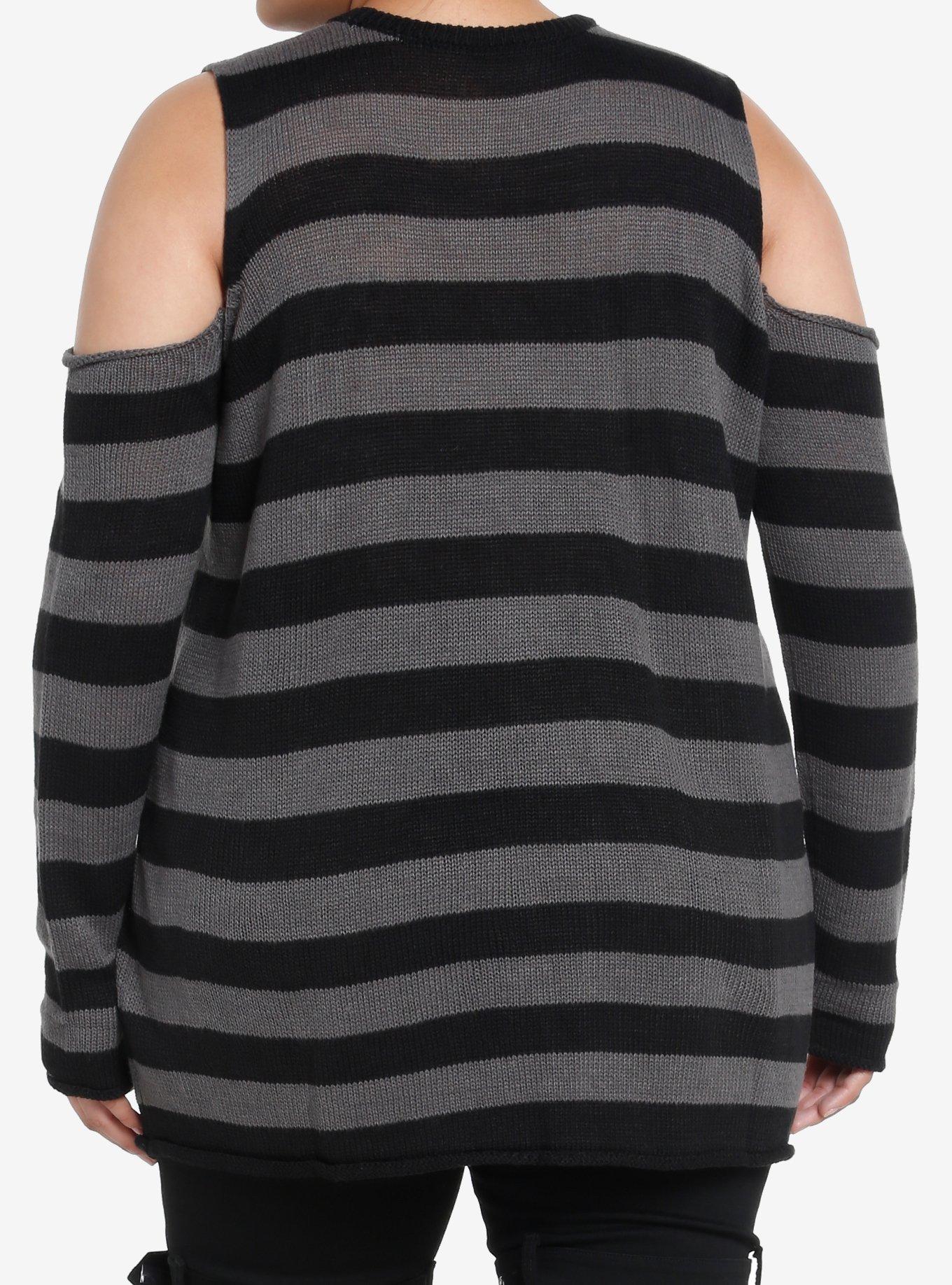 Social Collision Black & Grey Stripe Girls Cold Shoulder Sweater Plus Size, STRIPES-GREY, alternate