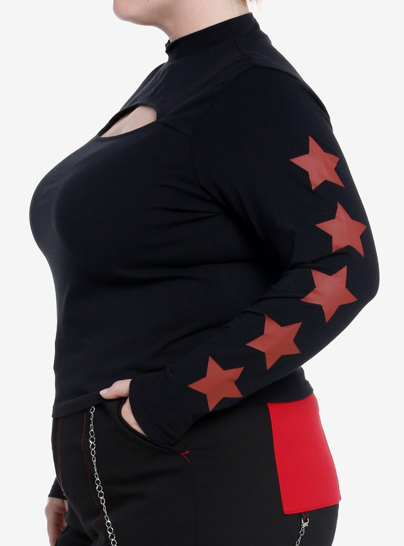 Social Collision Red Stars Cutout Girls Long-Sleeve T-Shirt Plus Size, BLACK, alternate