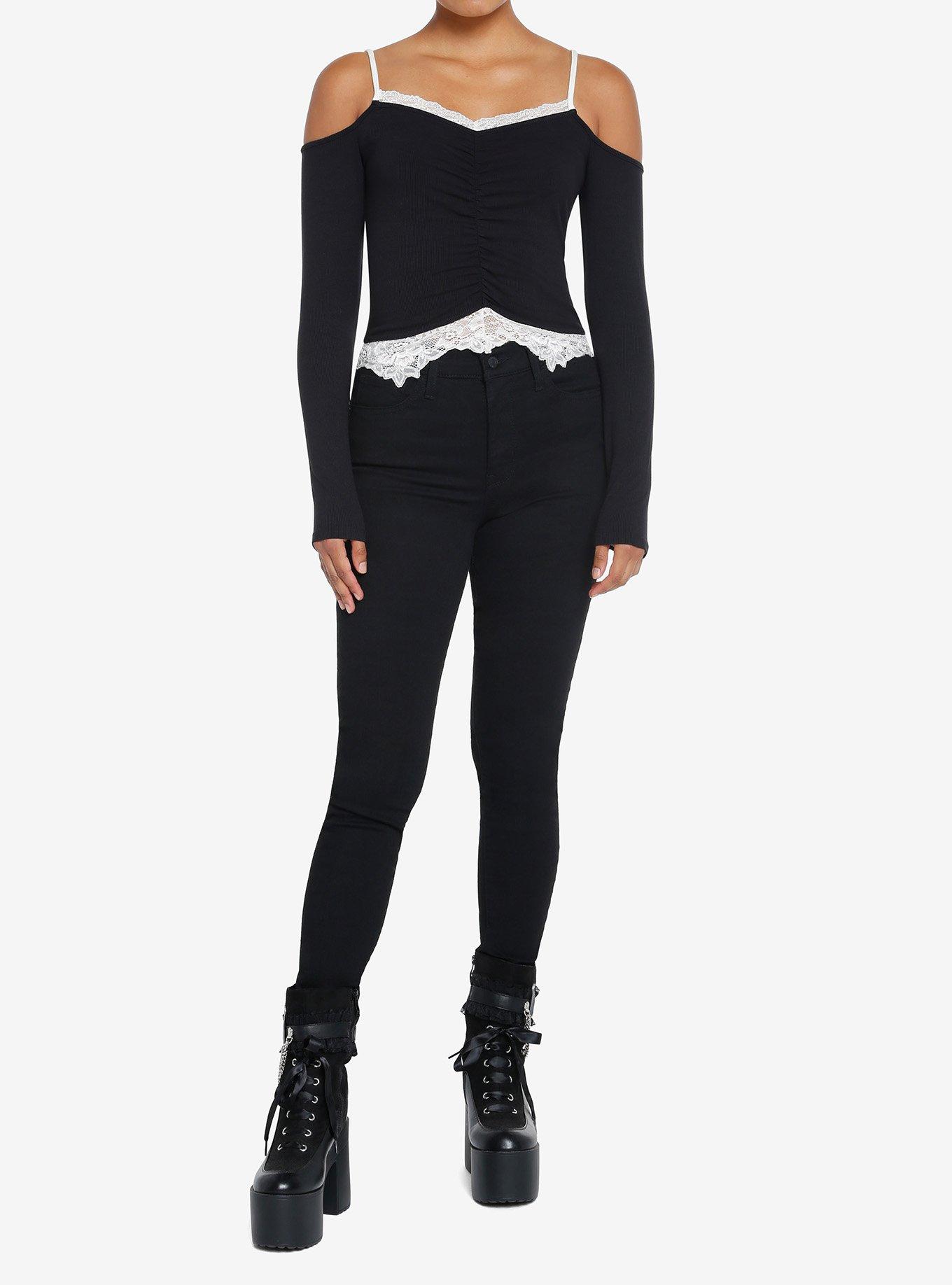 Thorn & Fable Black Ruched Lace Trim Girls Cold-Shoulder Top, BLACK, alternate