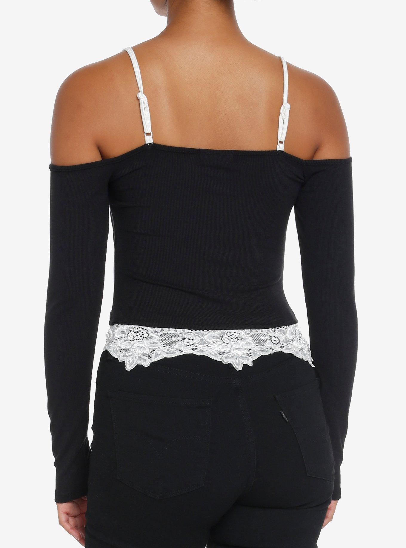 Thorn & Fable Black Ruched Lace Trim Girls Cold-Shoulder Top, BLACK, alternate
