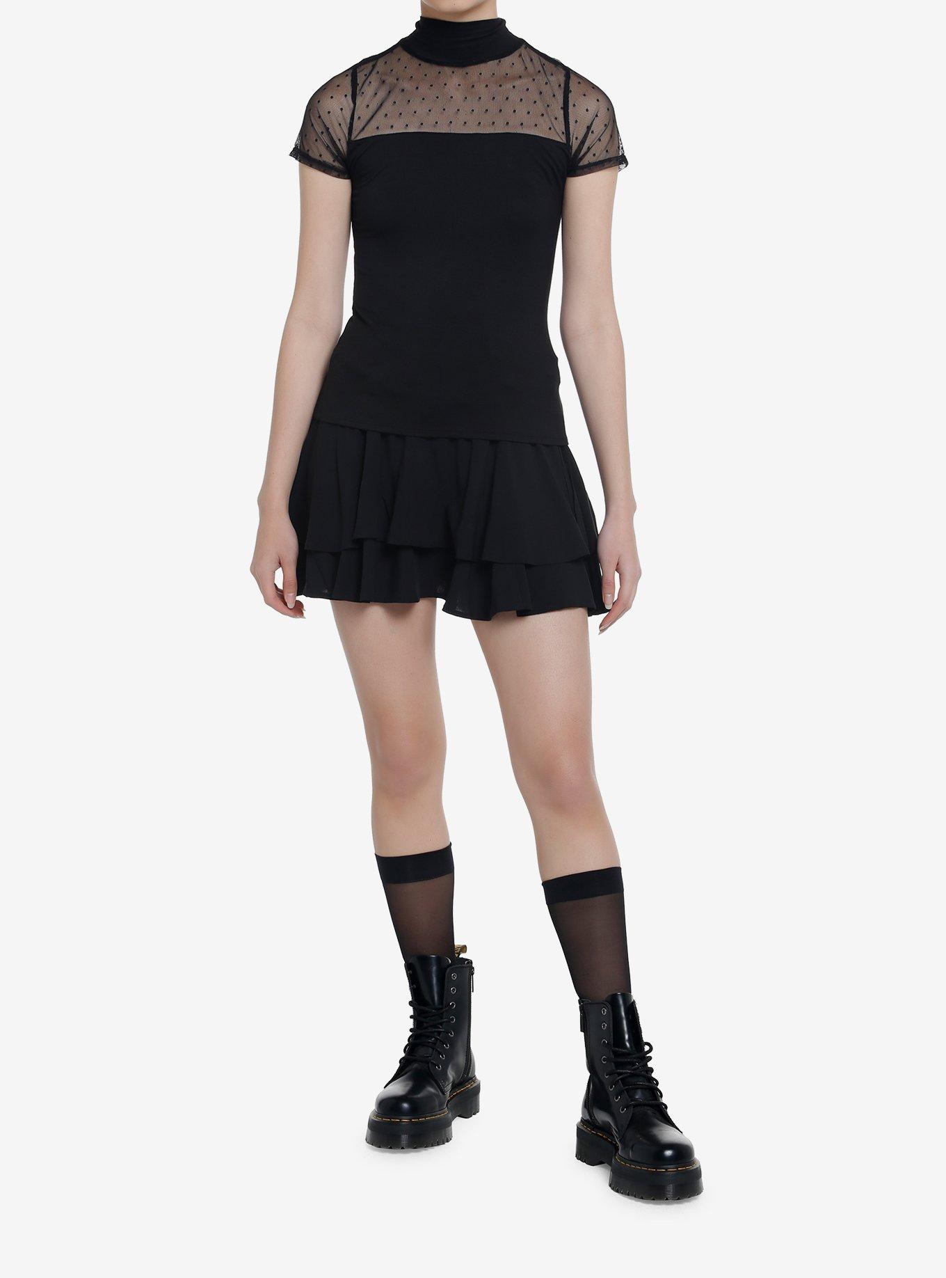 Midnight Hour Black Mock Neck Dotted Mesh Girls Top, BLACK, alternate
