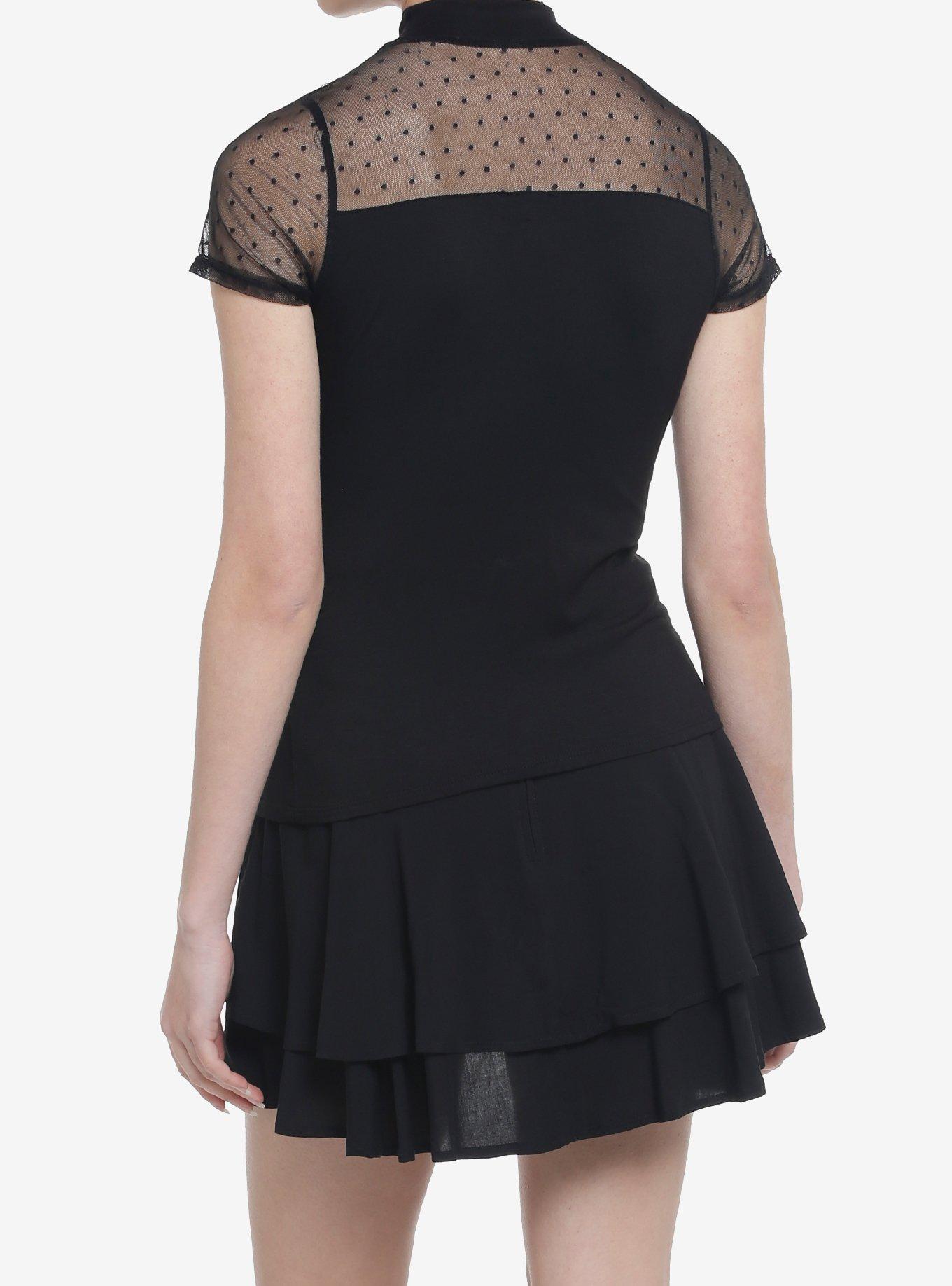 Midnight Hour Black Mock Neck Dotted Mesh Girls Top, BLACK, alternate