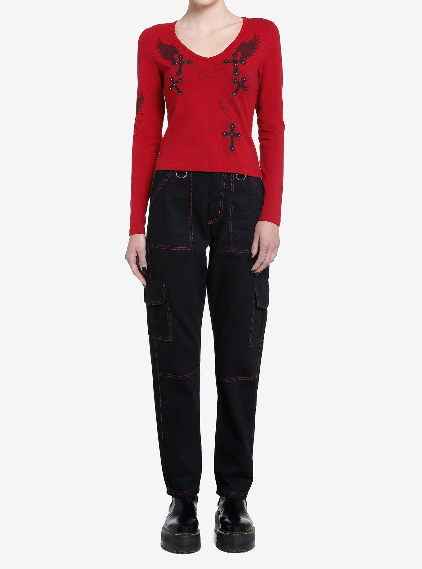 Social Collision Punk Gothic Cross Girls Long-Sleeve Top, BURGUNDY, alternate