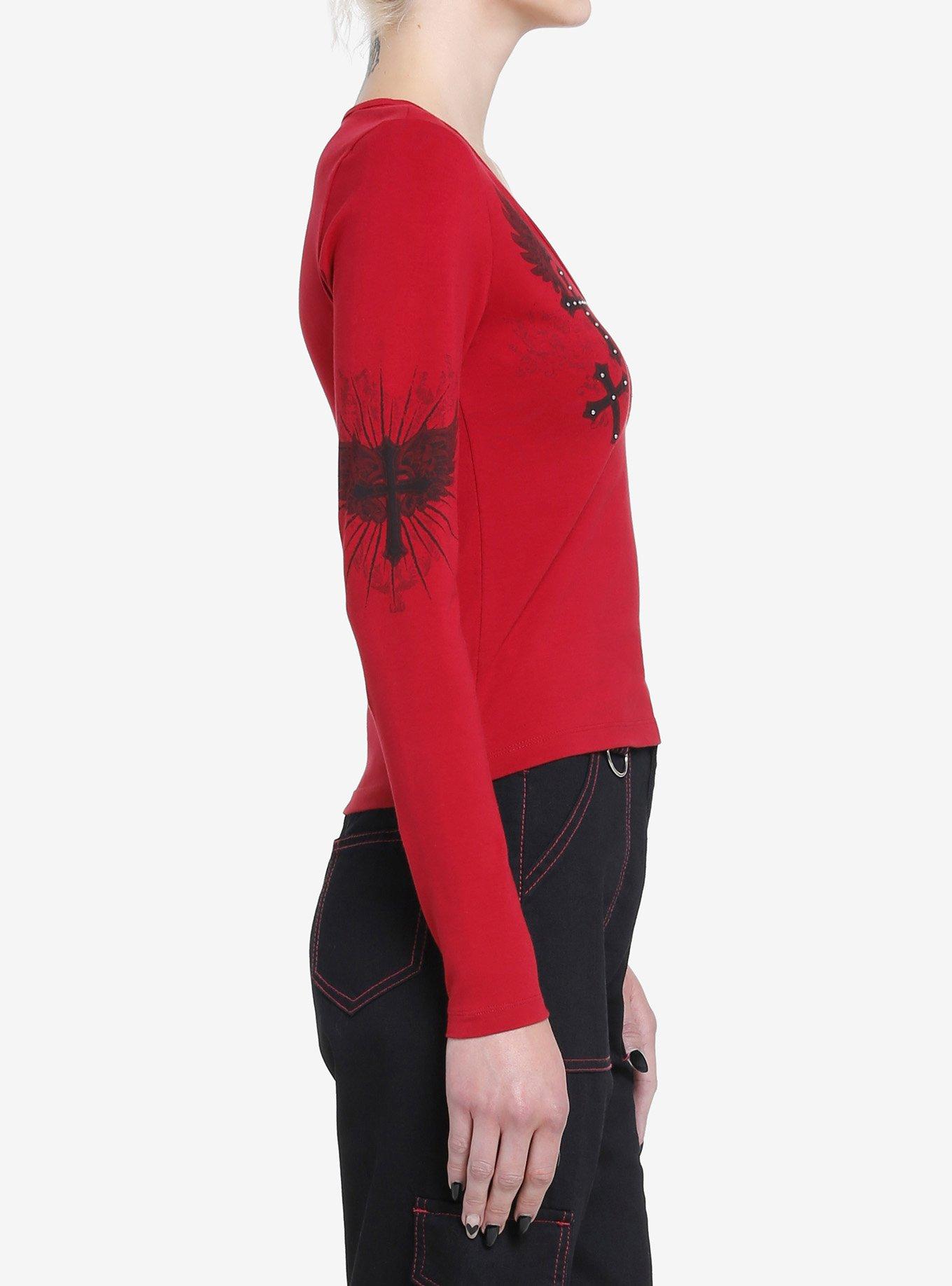 Social Collision Punk Gothic Cross Girls Long-Sleeve Top, BURGUNDY, alternate